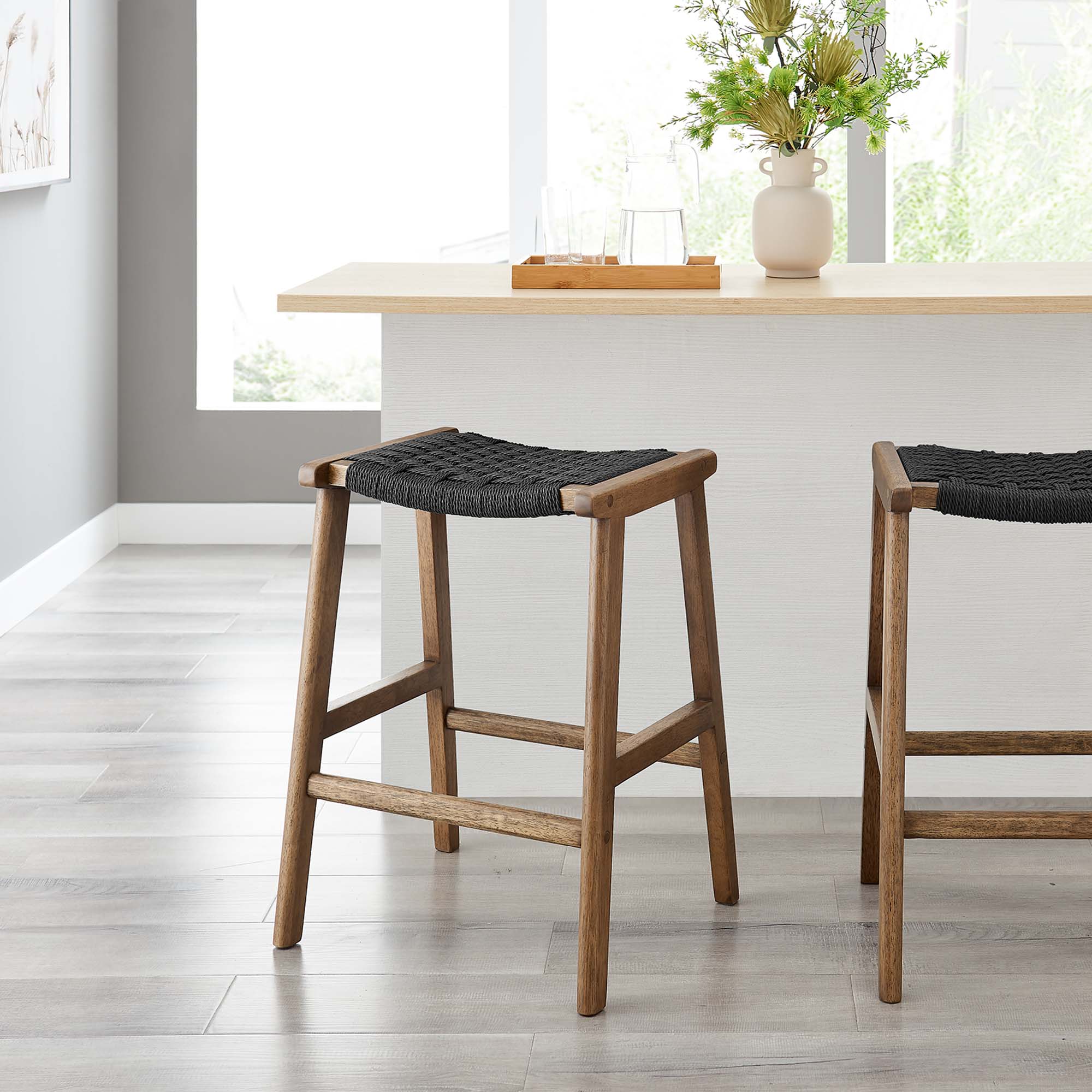 Modway Saoirse Woven Rope Wood Counter Stool Set of 2