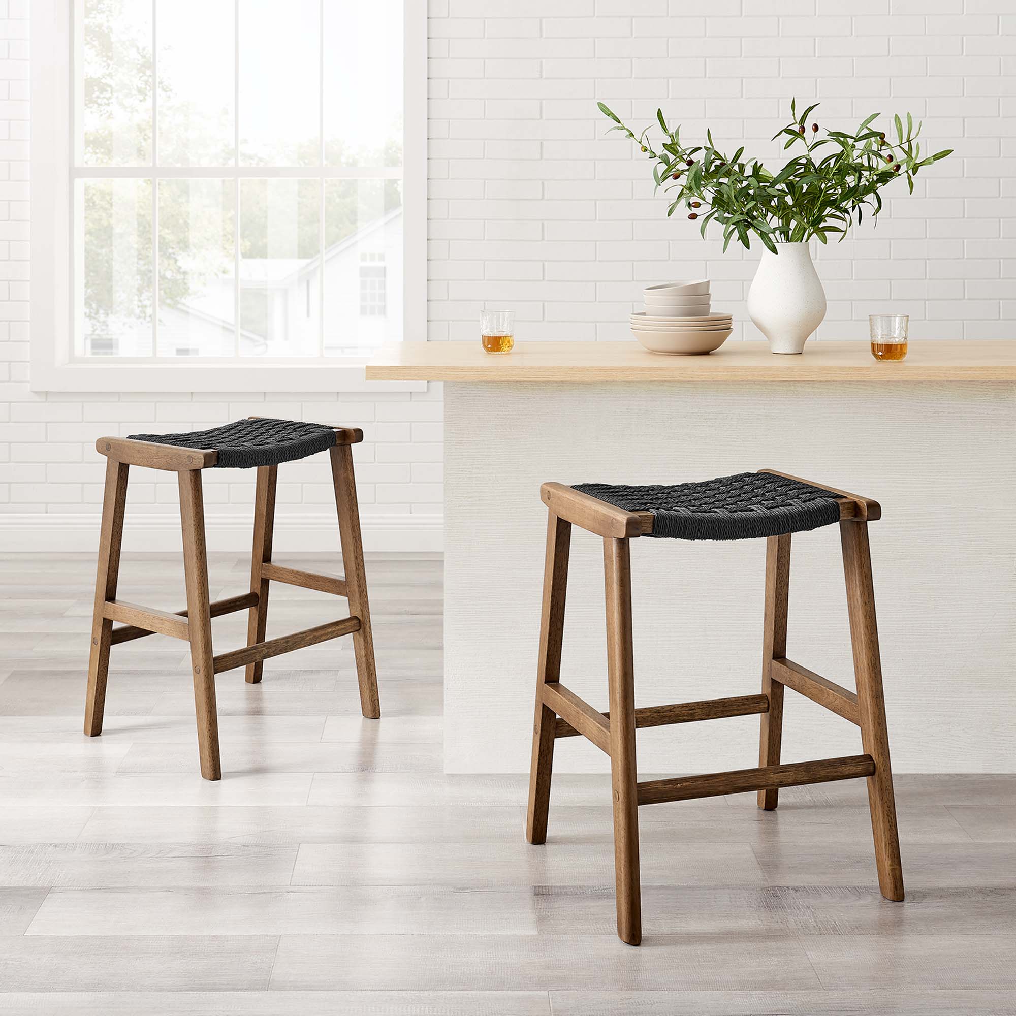 Modway Saoirse Woven Rope Wood Counter Stool Set of 2