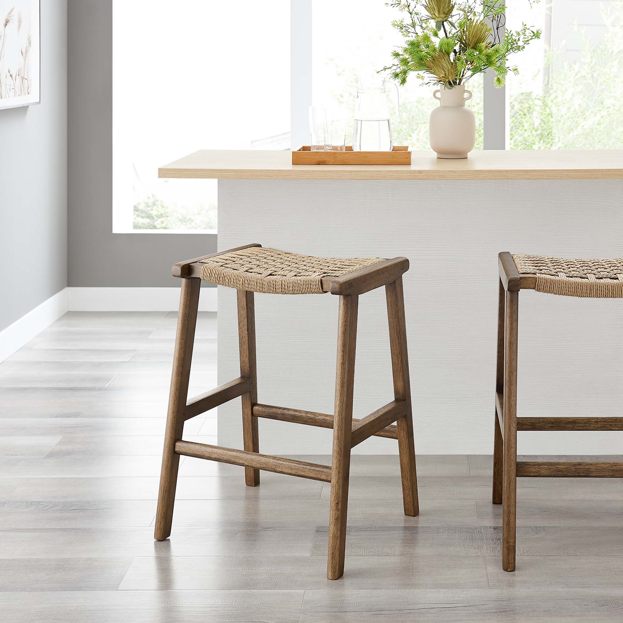 Modway Saoirse Woven Rope Wood Counter Stool Set of 2