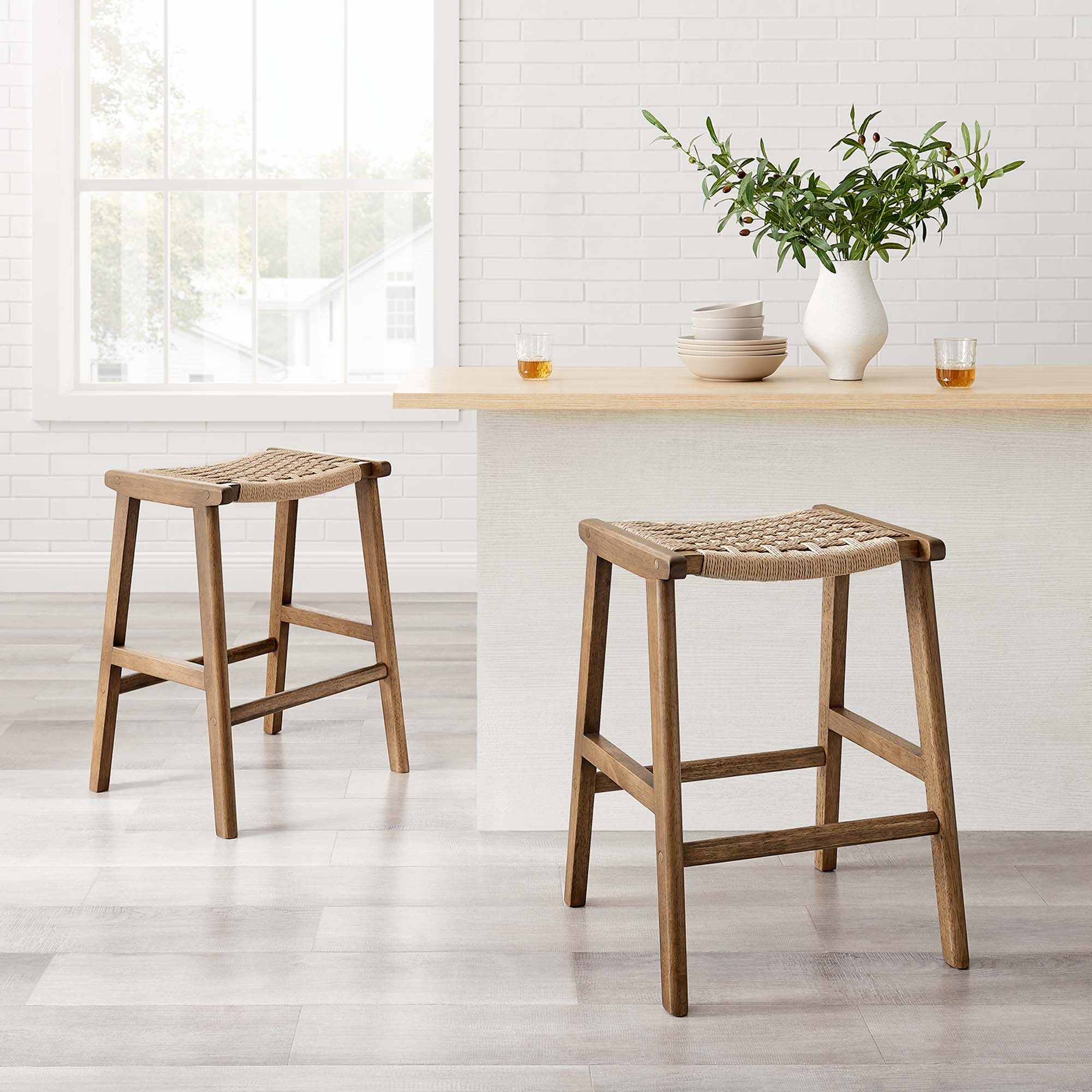 Modway Saoirse Woven Rope Wood Counter Stool Set of 2