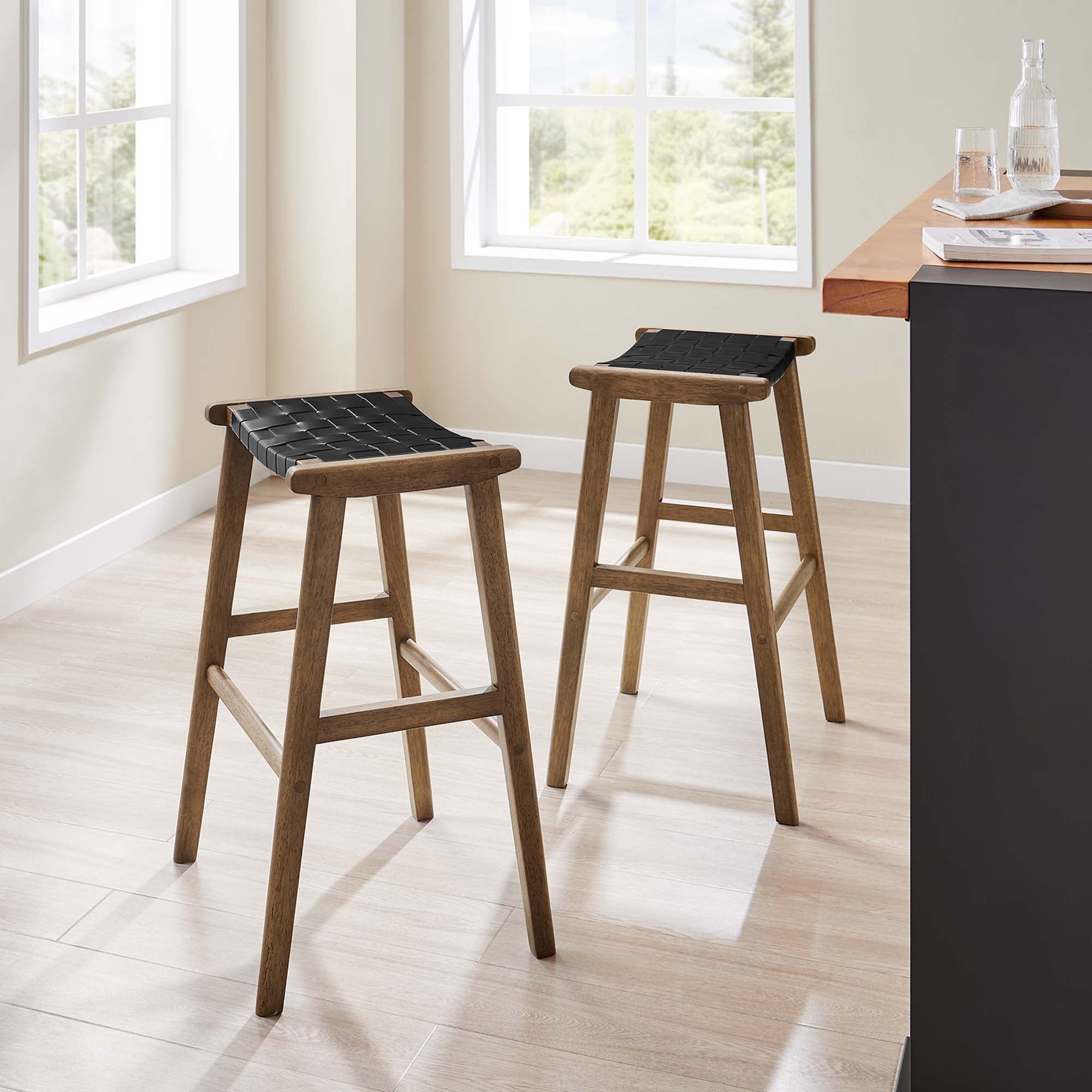 Modway EEI-6549 Saoirse Leather Wood Bar Stool Set of 2