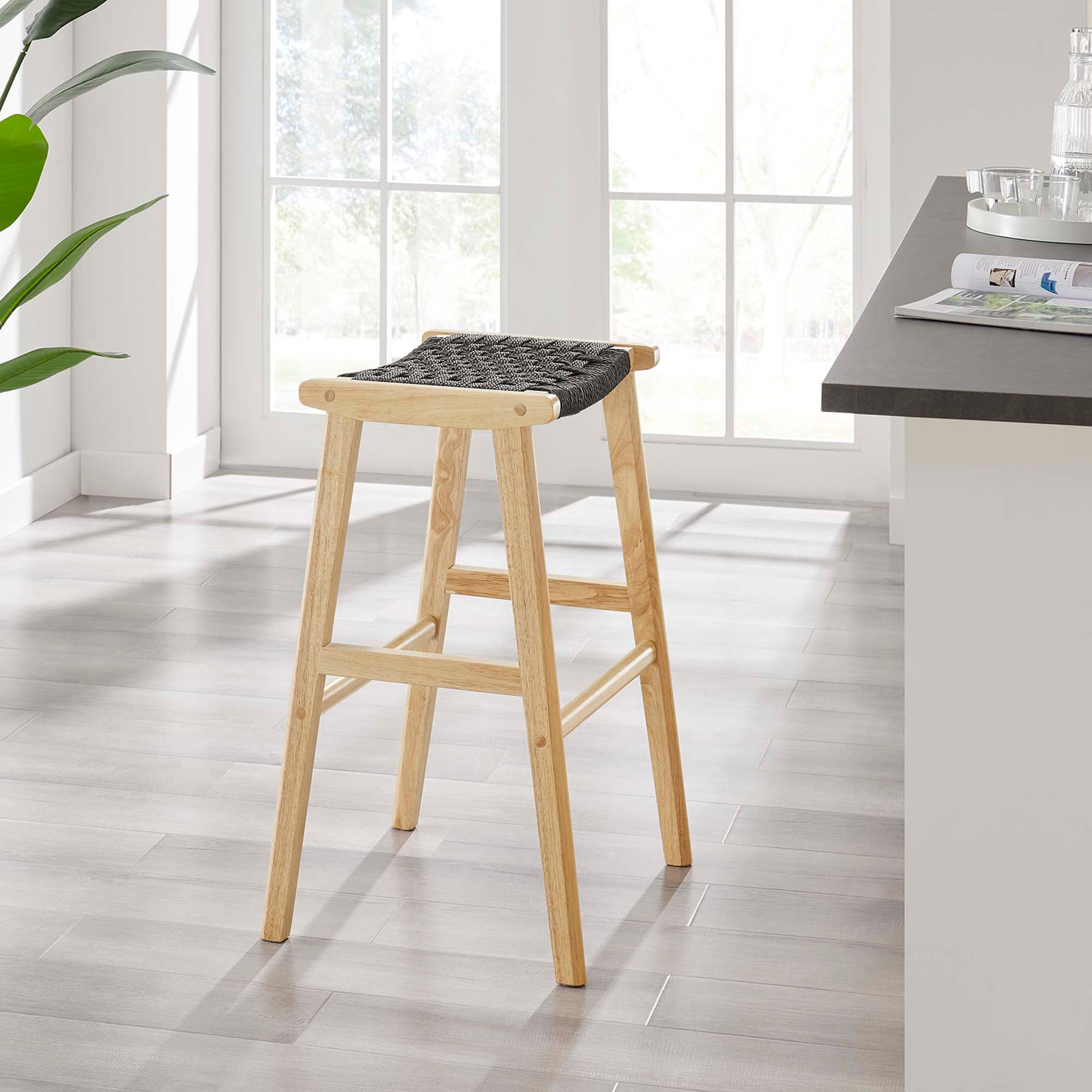 Modway Saoirse Woven Rope Wood Bar Stool Set of 2