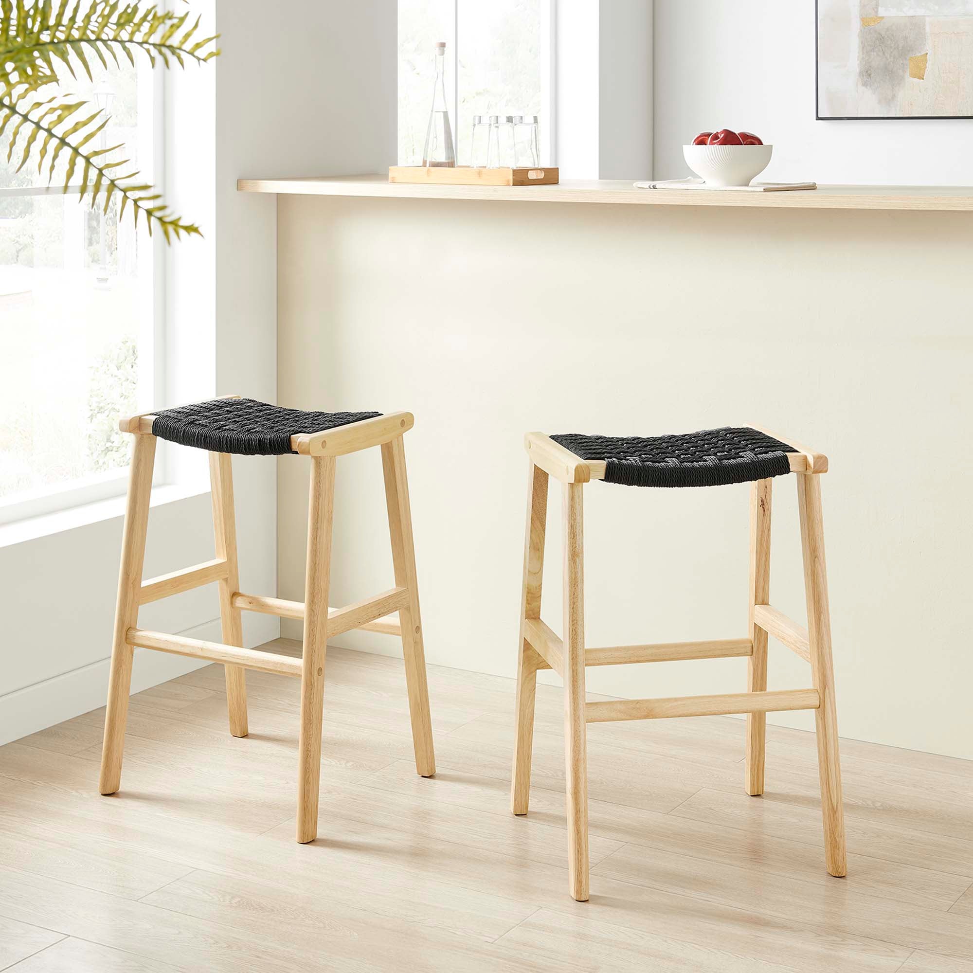 Modway Saoirse Woven Rope Wood Bar Stool Set of 2