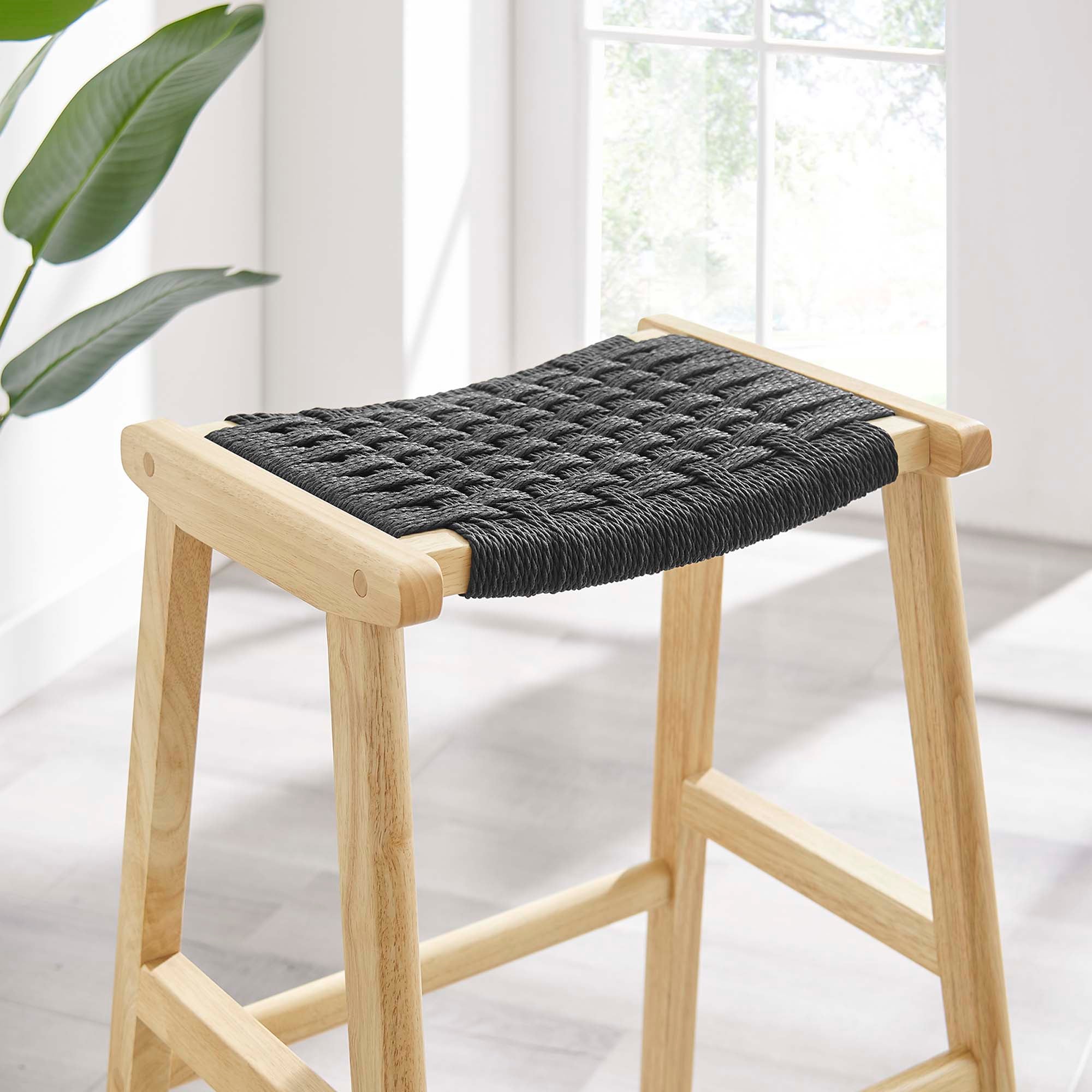 Modway Saoirse Woven Rope Wood Bar Stool Set of 2