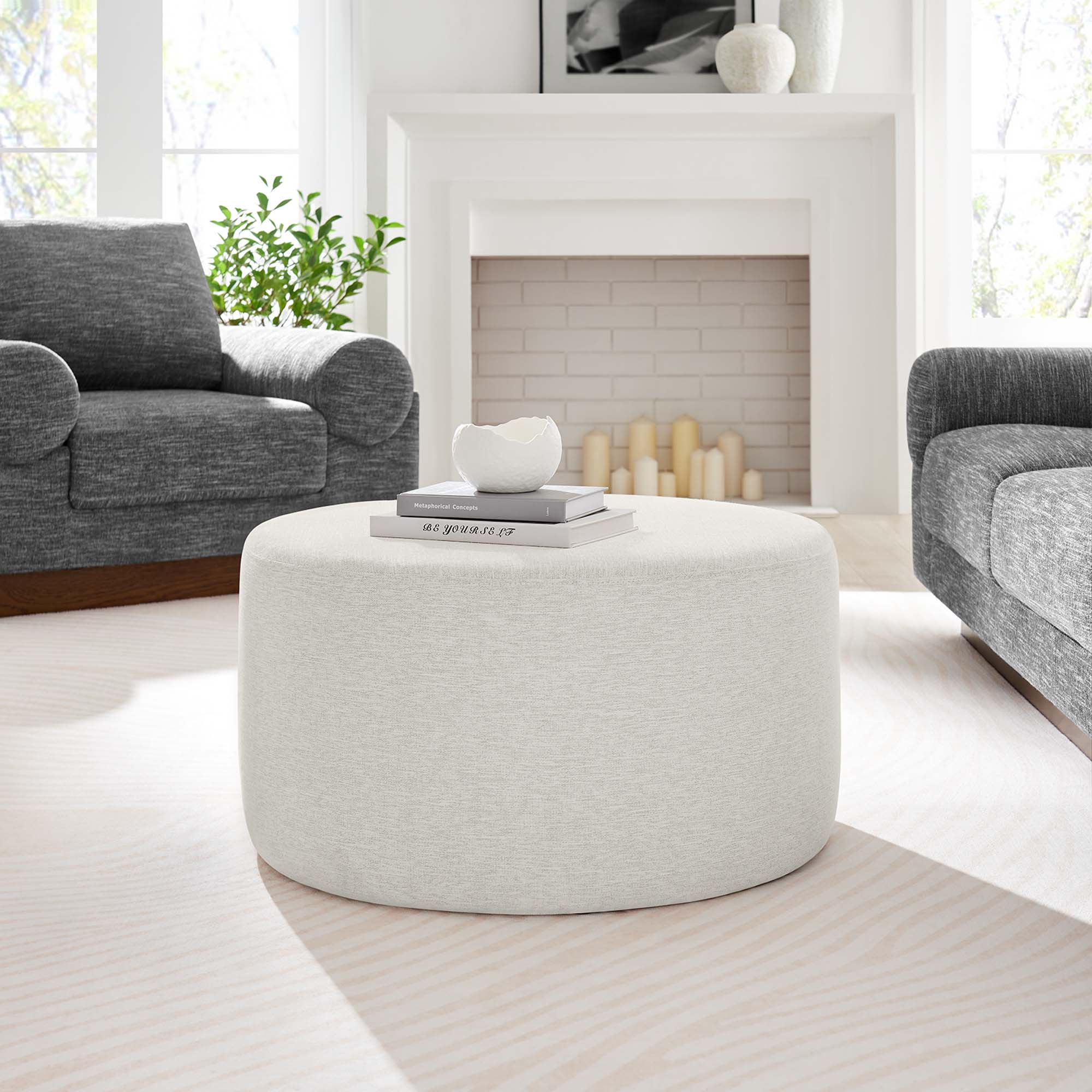 Modway Callum Large 29" Round Woven Heathered Fabric Upholstered Ottoman