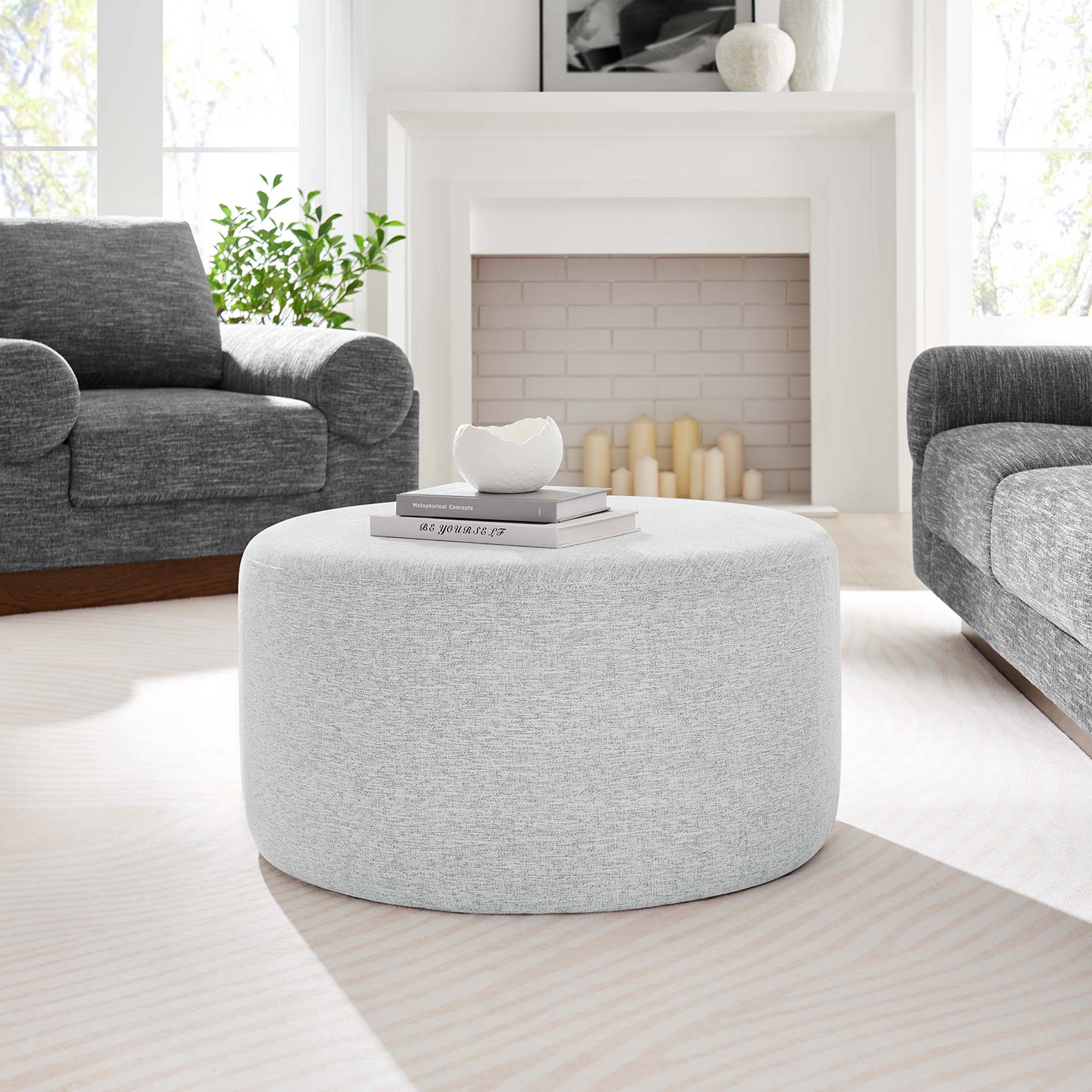 Modway Callum Large 29" Round Woven Heathered Fabric Upholstered Ottoman