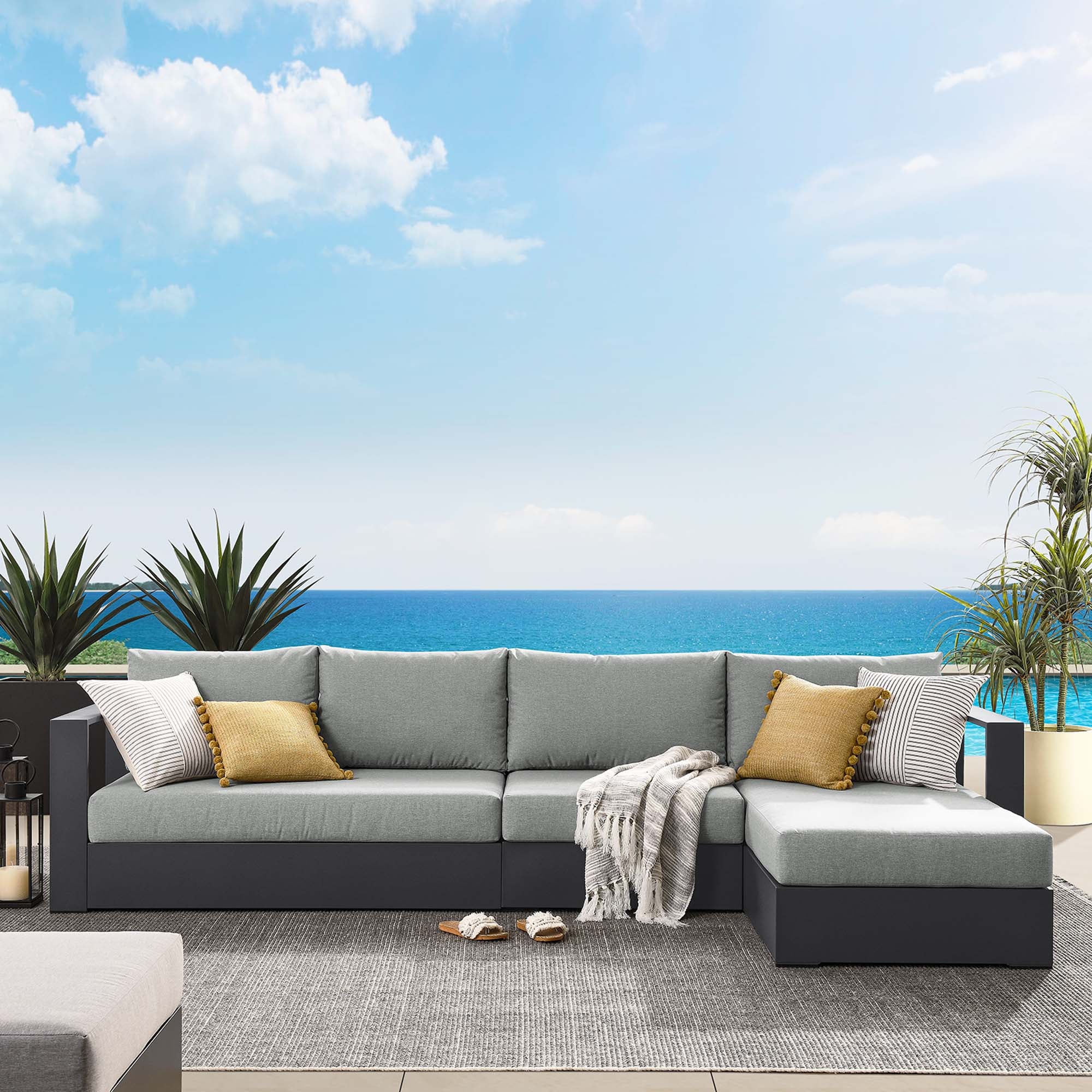 Modway Tahoe 3-Piece Outdoor Patio Powder-Coated Aluminum Right-Facing Chaise Sectional Sofa Set