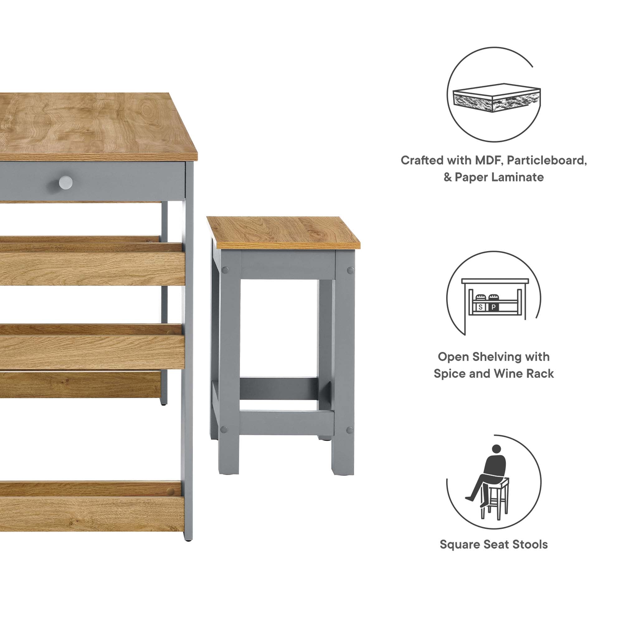 Modway Galley 3-Piece Kitchen Island and Stool Set