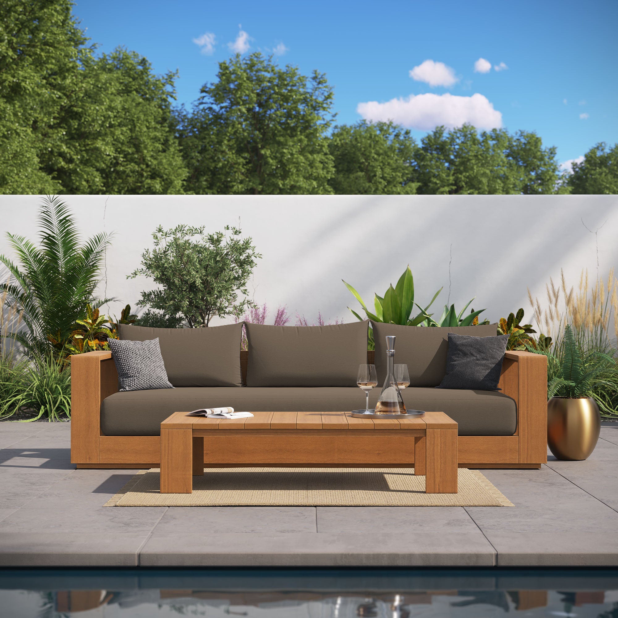 Modway Tahoe 2-Piece Outdoor Patio Acacia Wood Sofa and Coffee Table Set