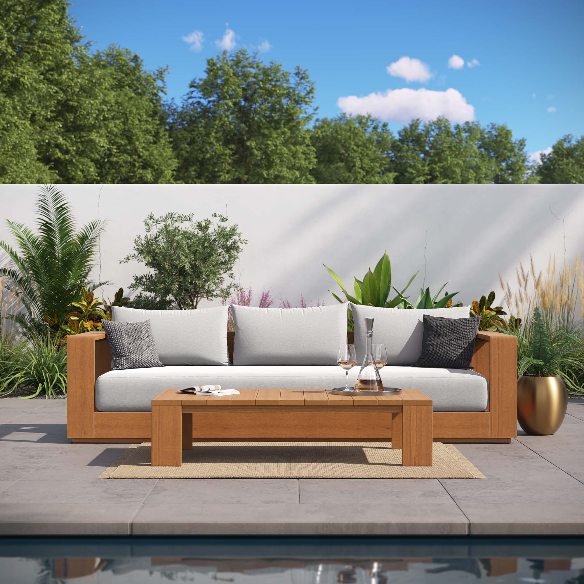 Modway Tahoe 2-Piece Outdoor Patio Acacia Wood Sofa and Coffee Table Set