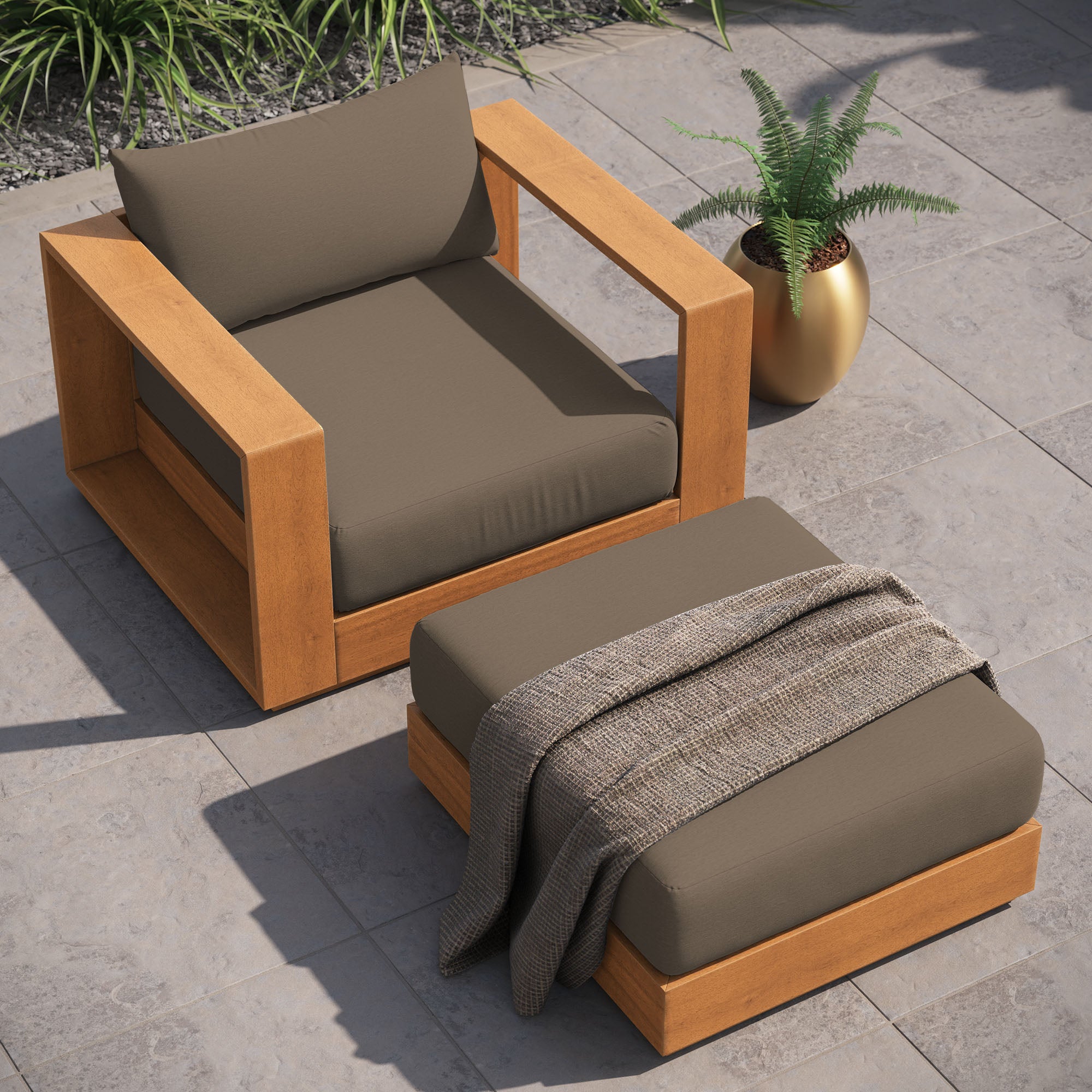 Modway Tahoe 2-Piece Outdoor Patio Acacia Wood Armchair and Ottoman Set