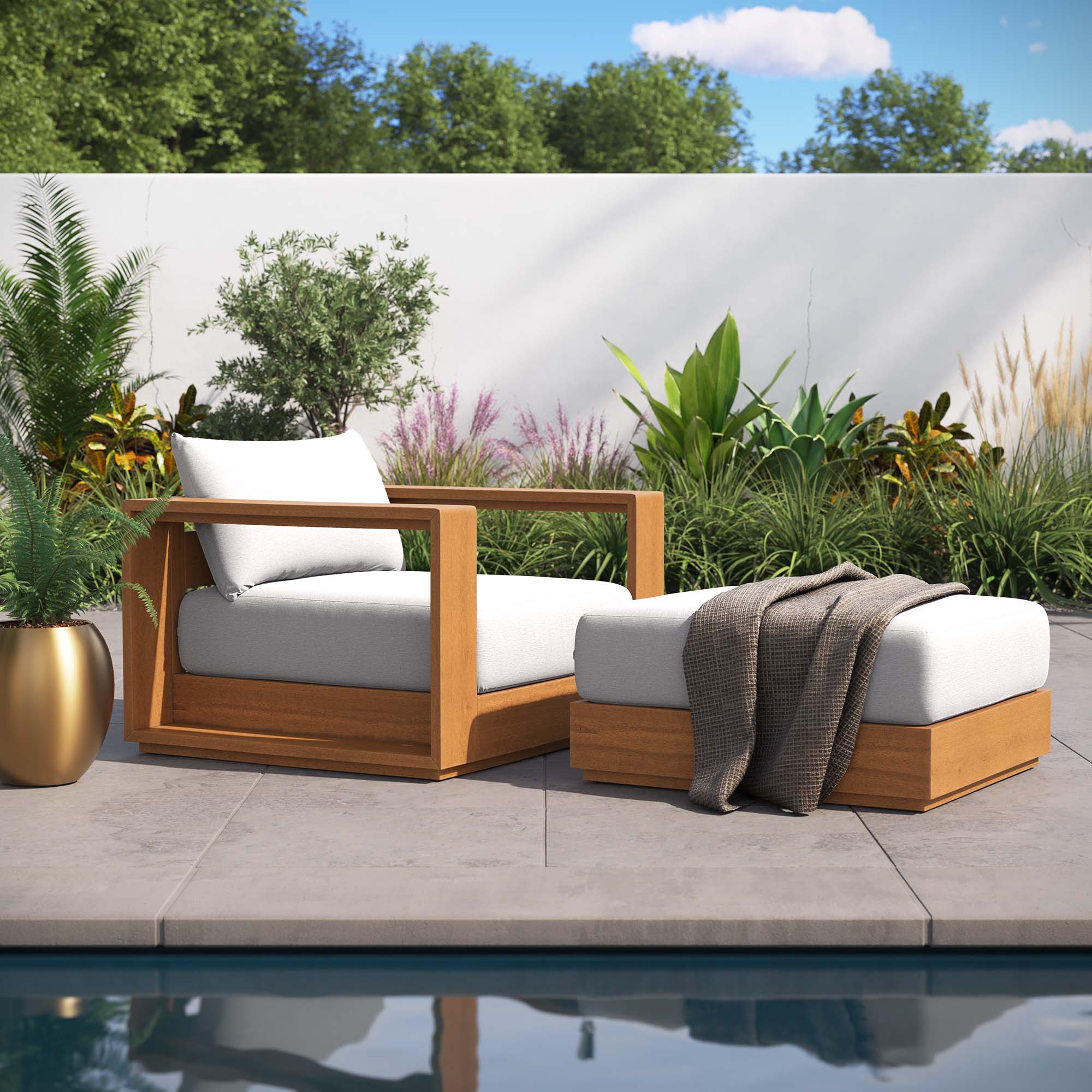 Modway Tahoe 2-Piece Outdoor Patio Acacia Wood Armchair and Ottoman Set