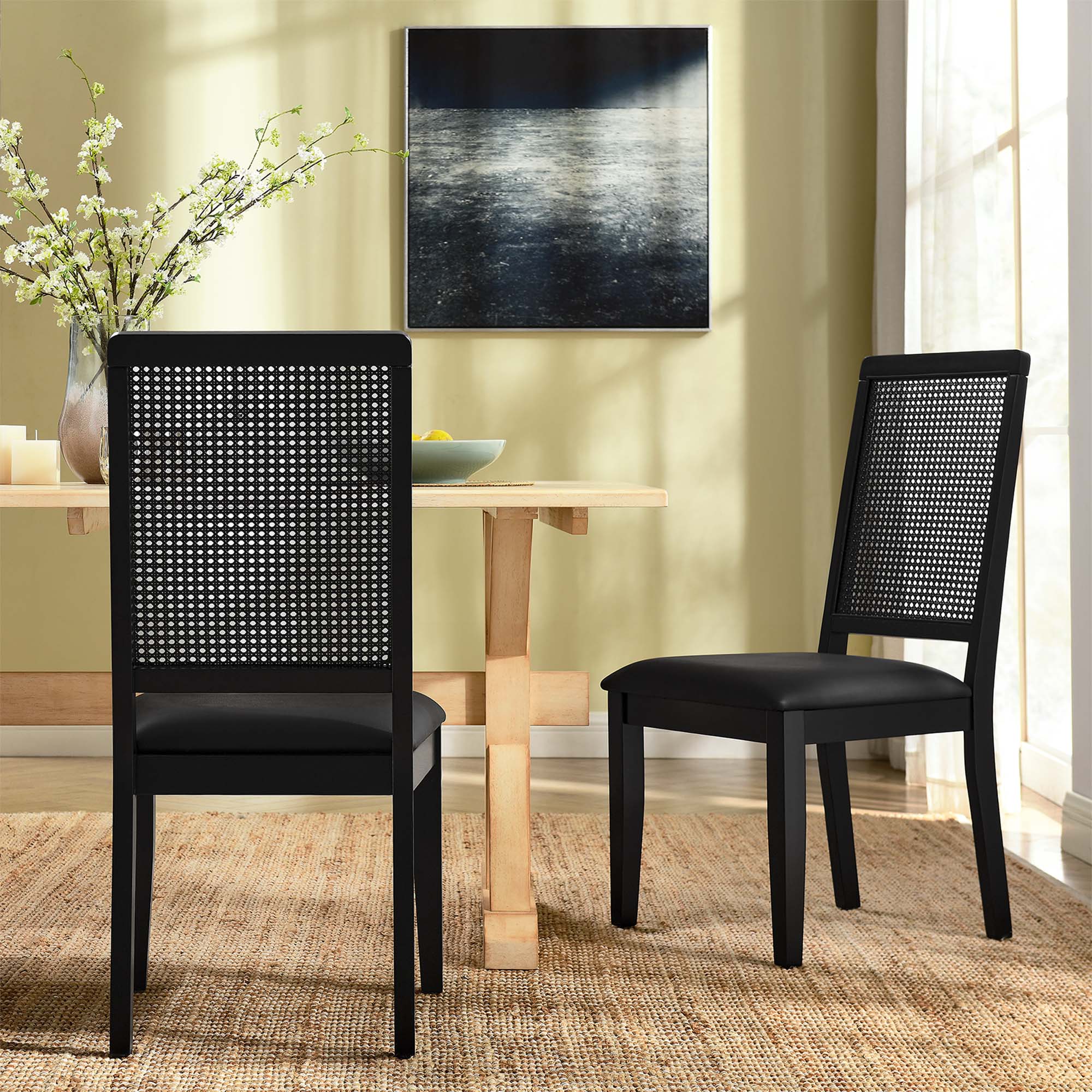 Modway Arlo Vegan Leather Upholstered Faux Rattan and Wood Dining Side Chairs Set of 2