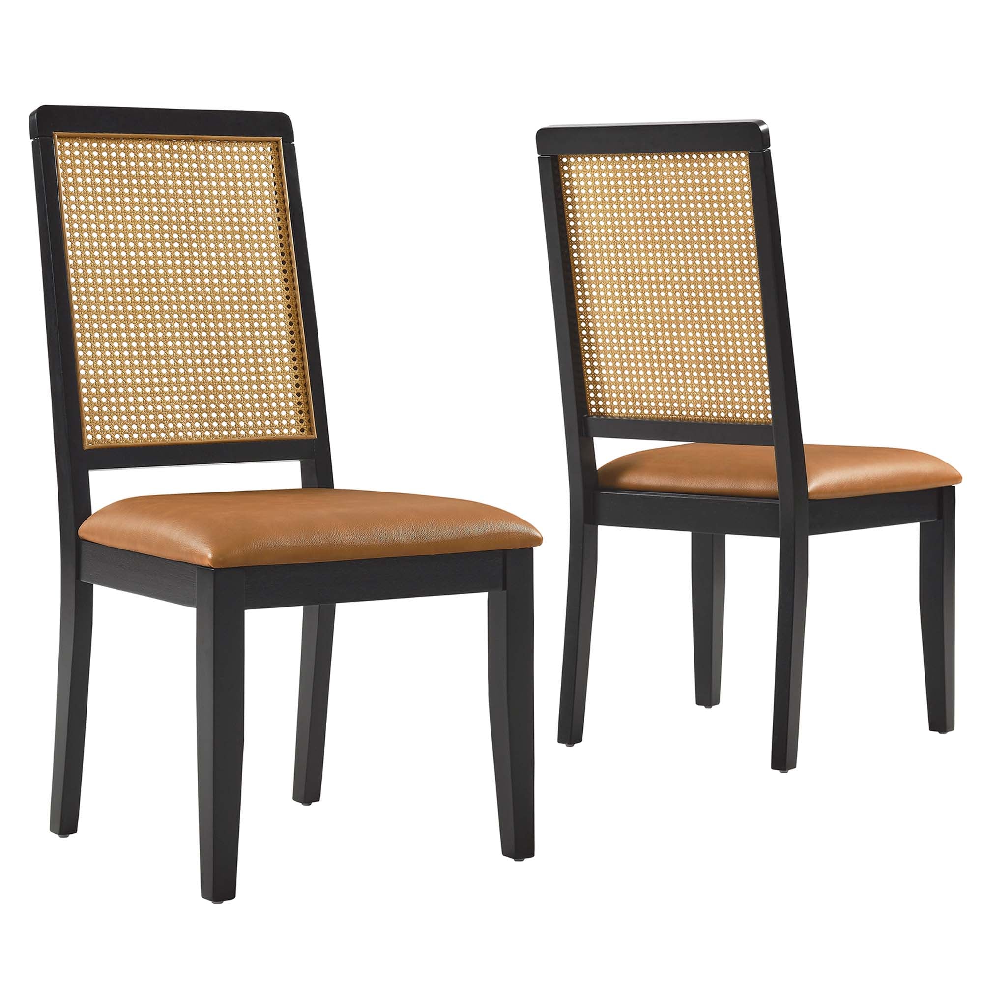 Modway Arlo Vegan Leather Upholstered Faux Rattan and Wood Dining Side Chairs Set of 2