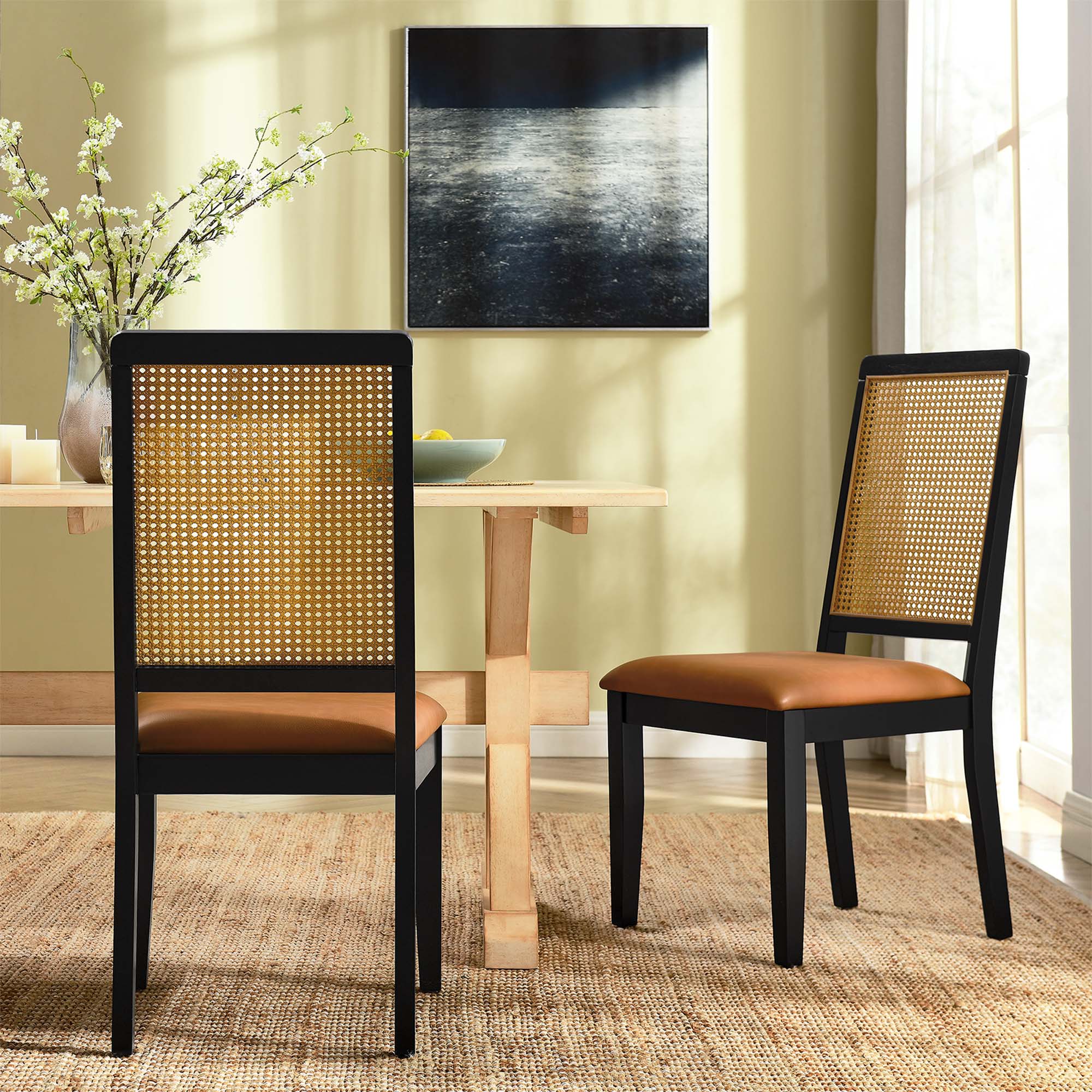 Modway Arlo Vegan Leather Upholstered Faux Rattan and Wood Dining Side Chairs Set of 2
