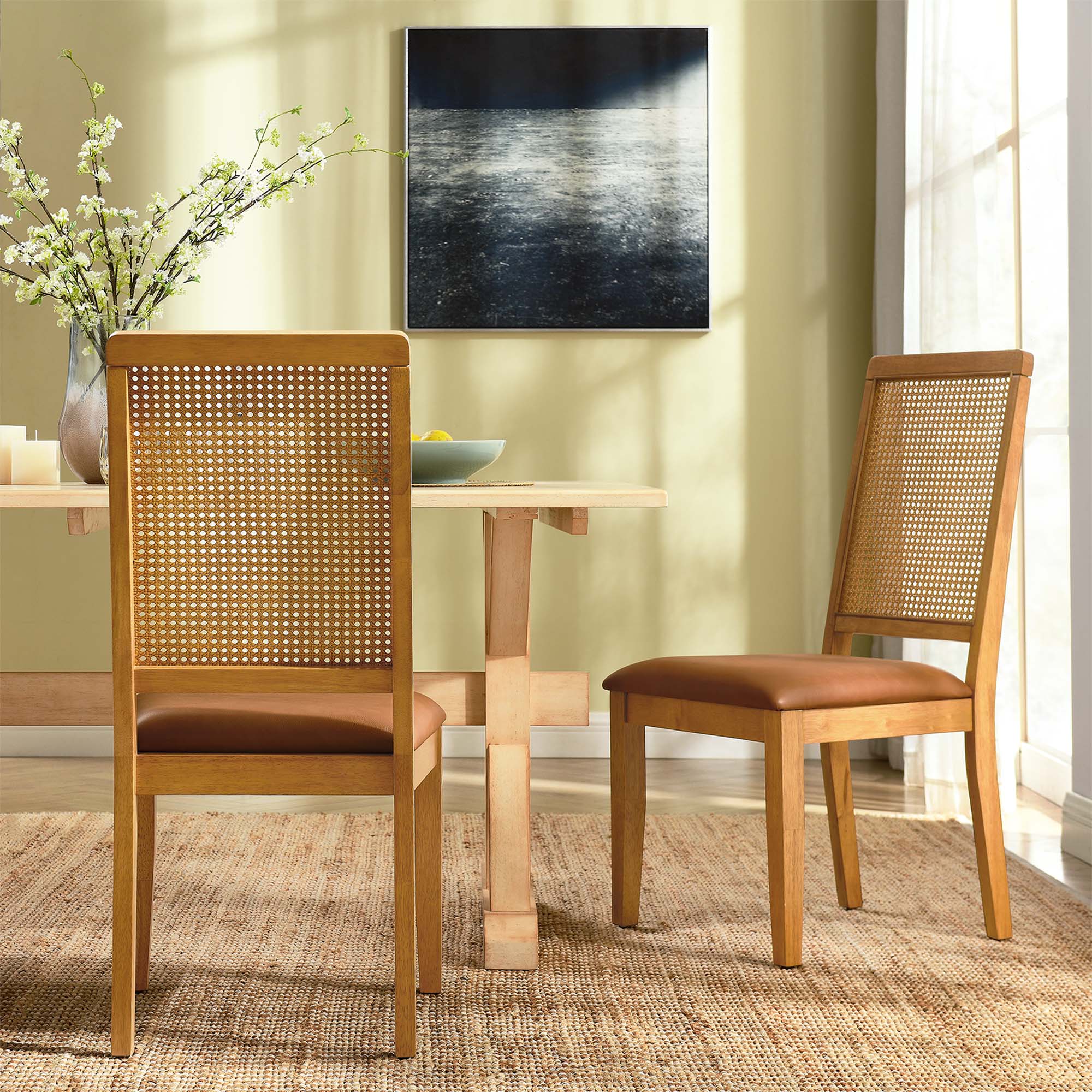 Modway Arlo Vegan Leather Upholstered Faux Rattan and Wood Dining Side Chairs Set of 2
