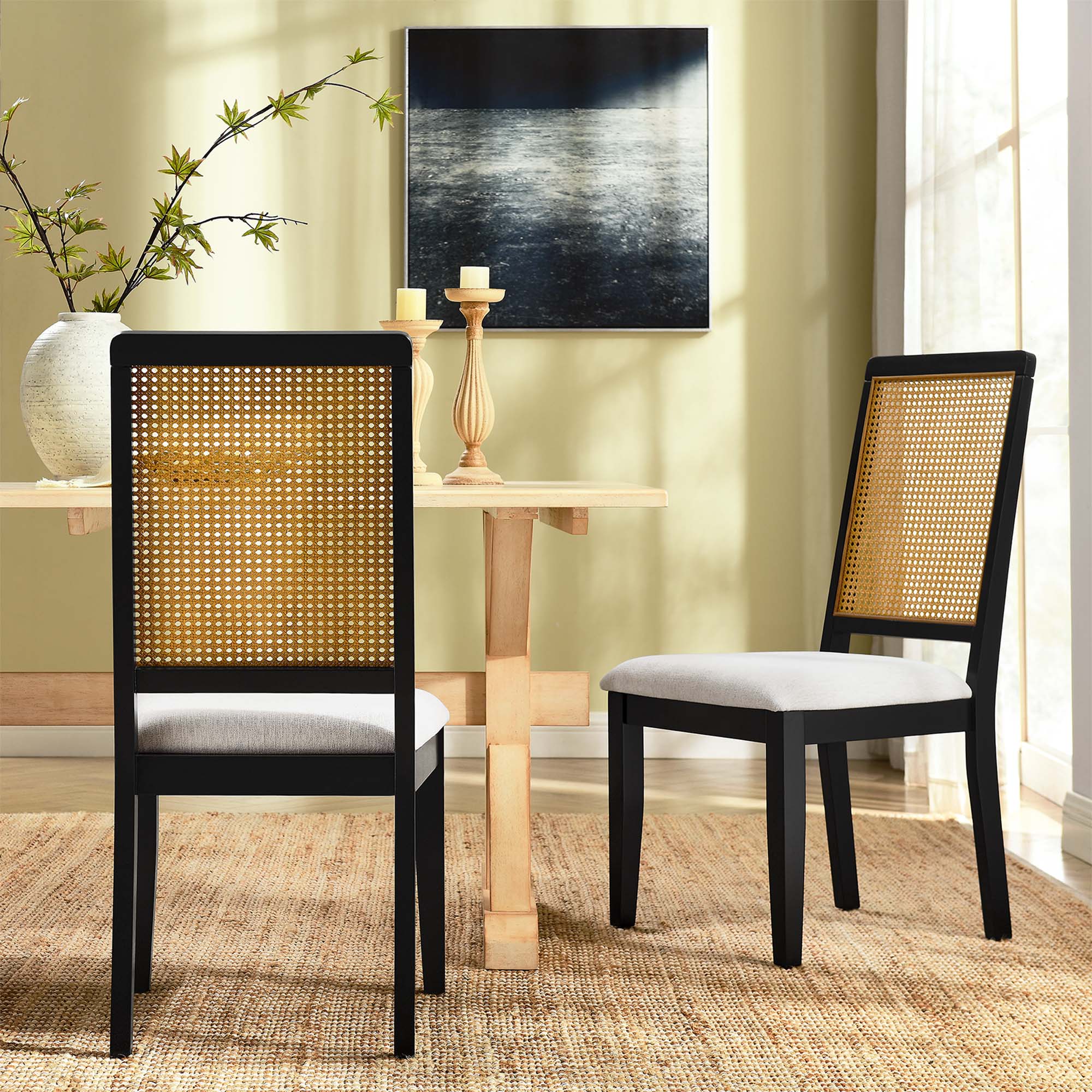 Modway Arlo Faux Rattan and Wood Dining Side Chairs Set of 2