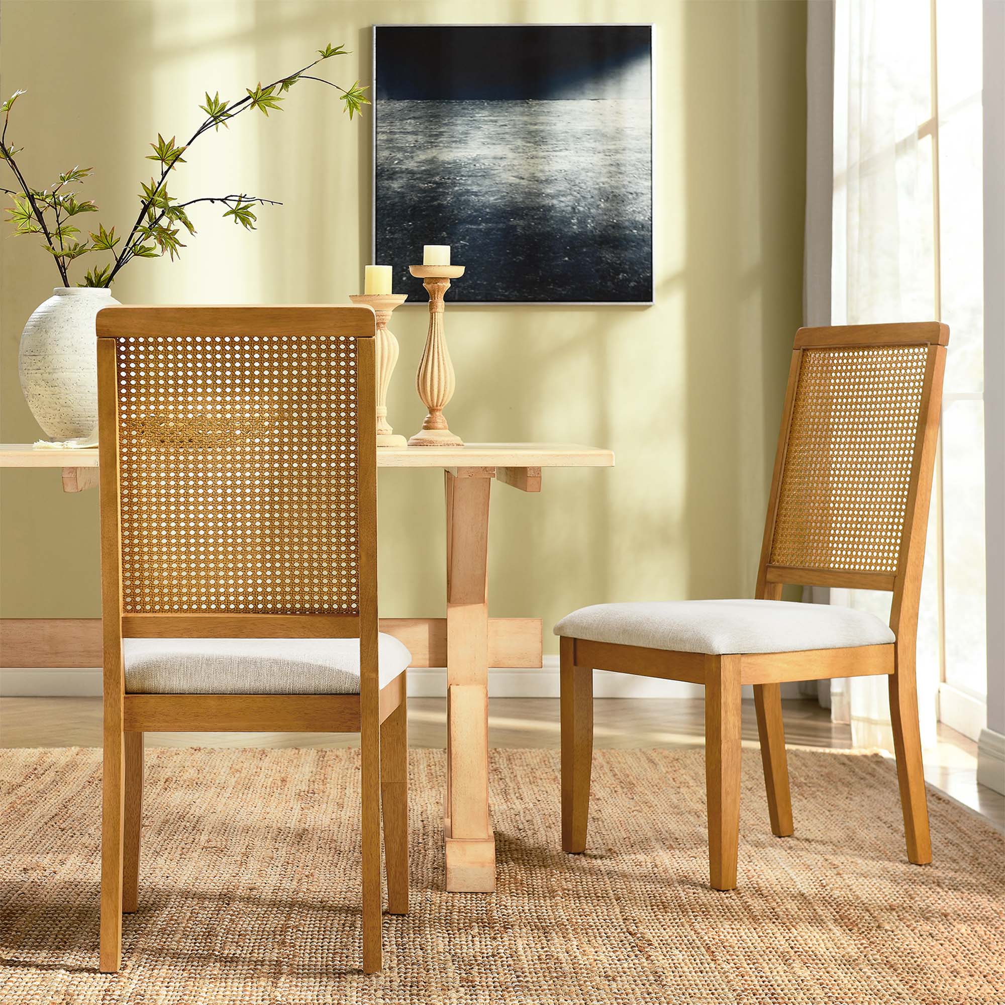 Modway Arlo Faux Rattan and Wood Dining Side Chairs Set of 2