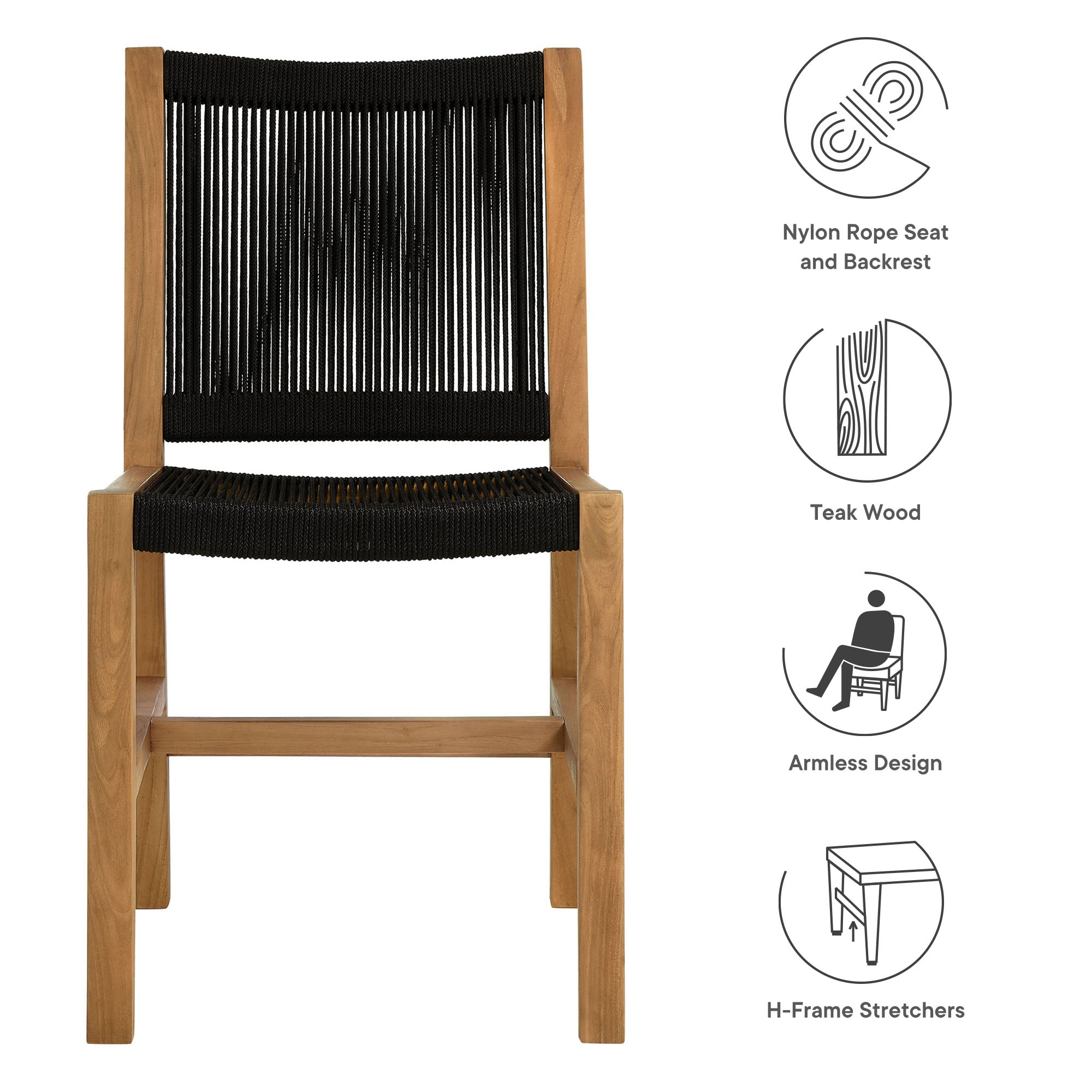 Modway Vienna Outdoor Patio Teak and Rope Armless Dining Chairs Set of 2