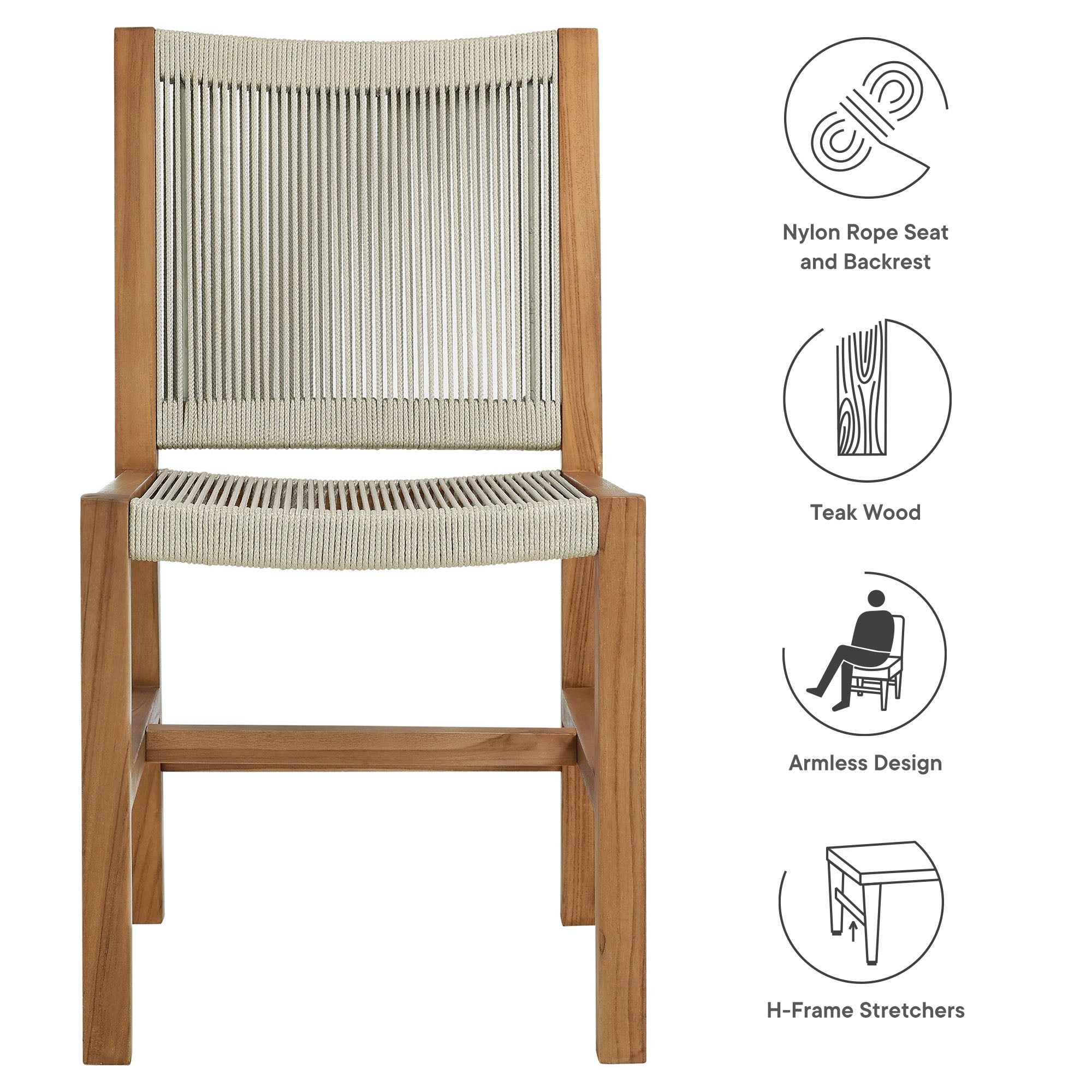 Modway Vienna Outdoor Patio Teak and Rope Armless Dining Chairs Set of 2