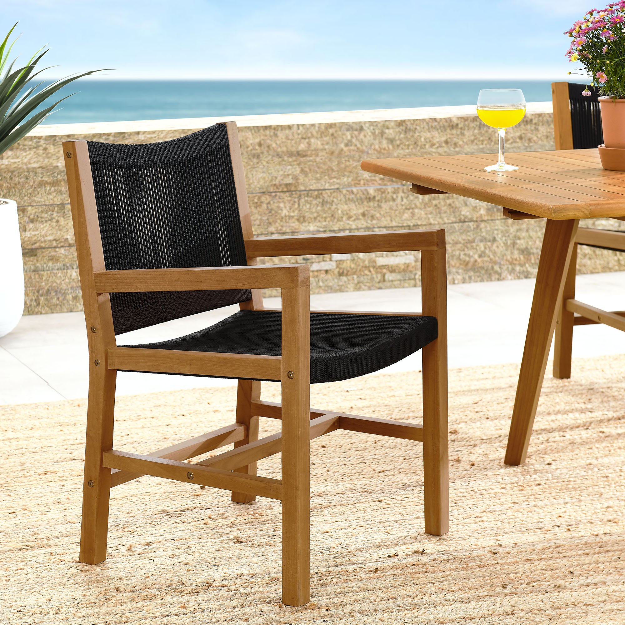 Modway Vienna Outdoor Patio Teak and Rope Dining Armchairs Set of 2