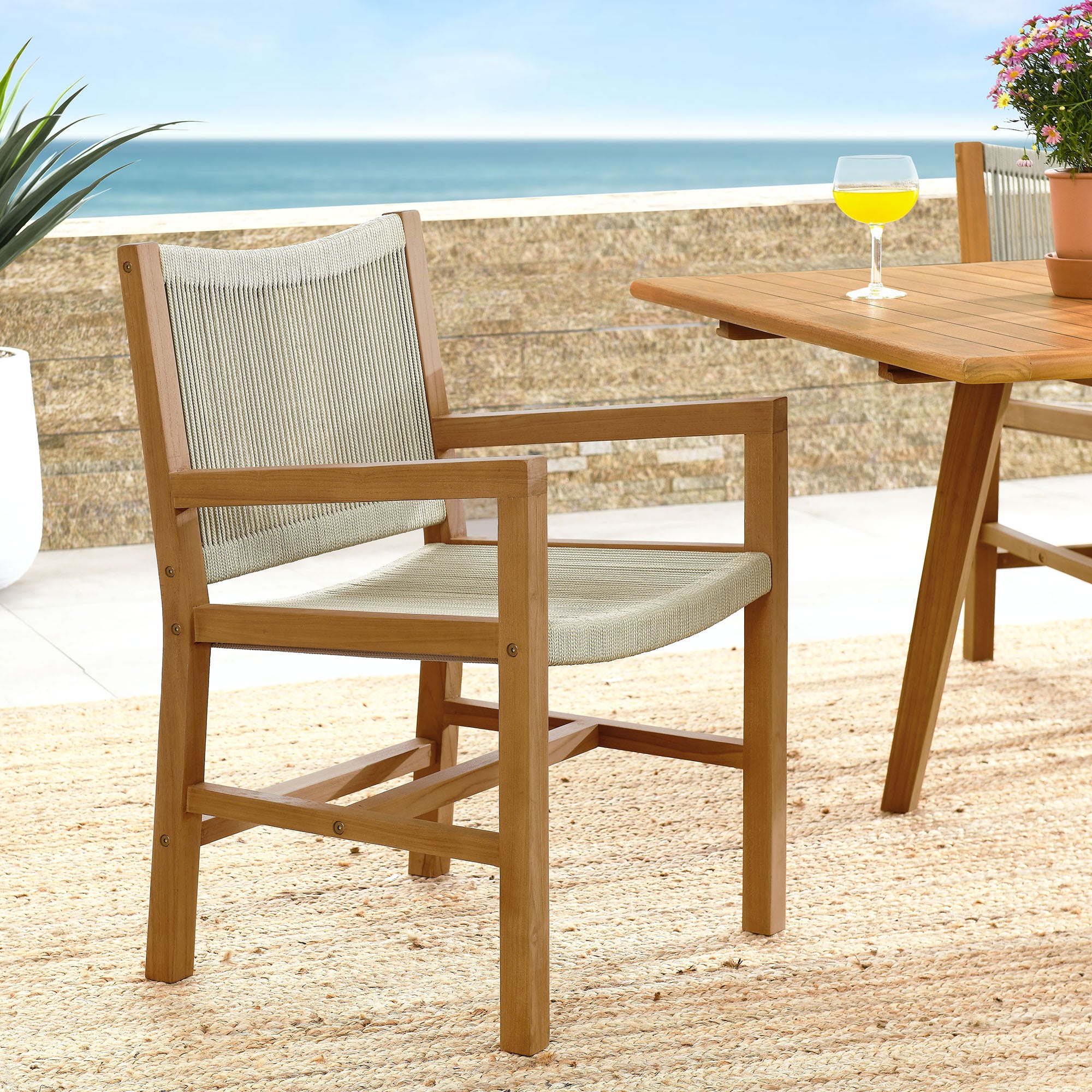 Modway Vienna Outdoor Patio Teak and Rope Dining Armchairs Set of 2