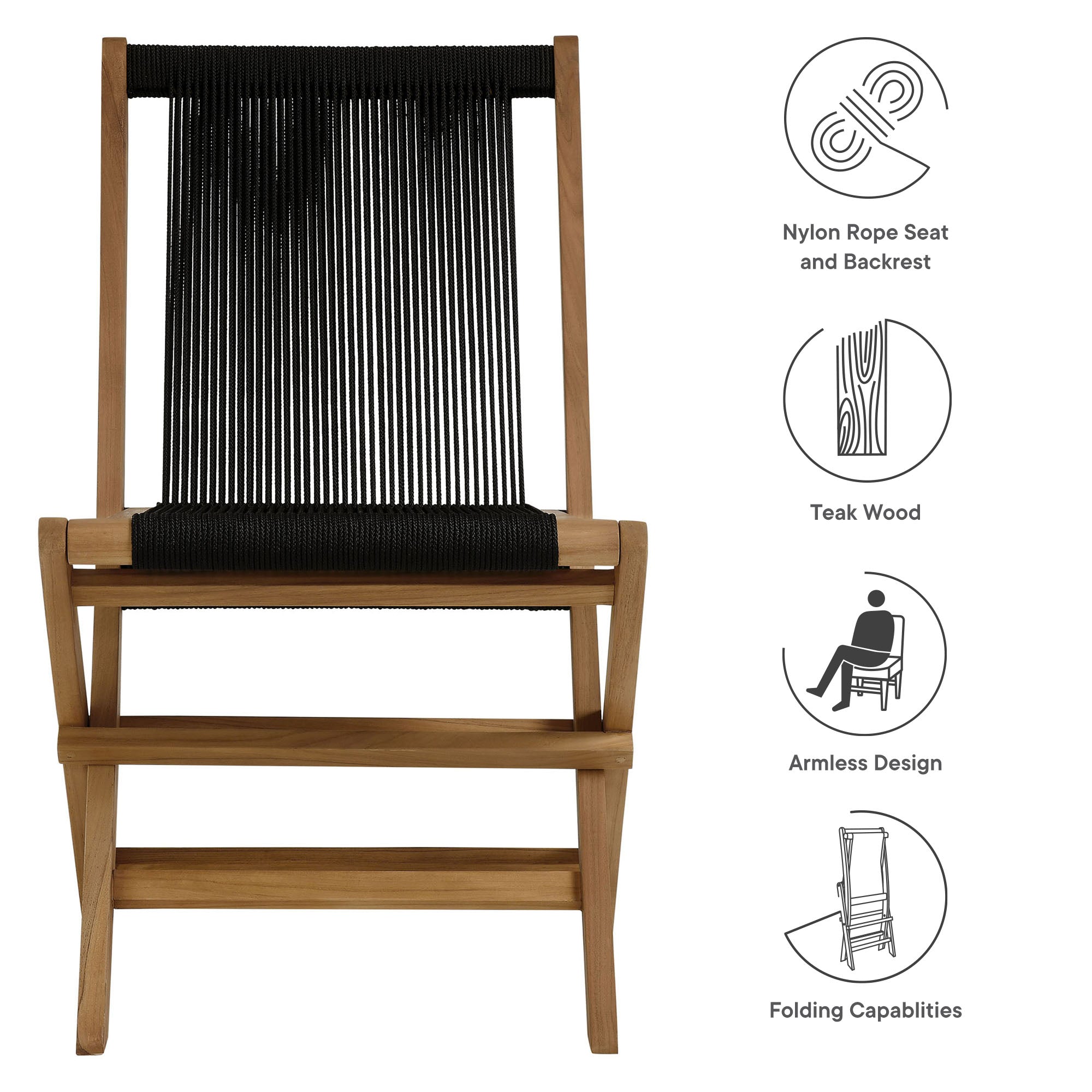 Modway Vienna Outdoor Patio Teak and Rope Folding Chairs Set of 4