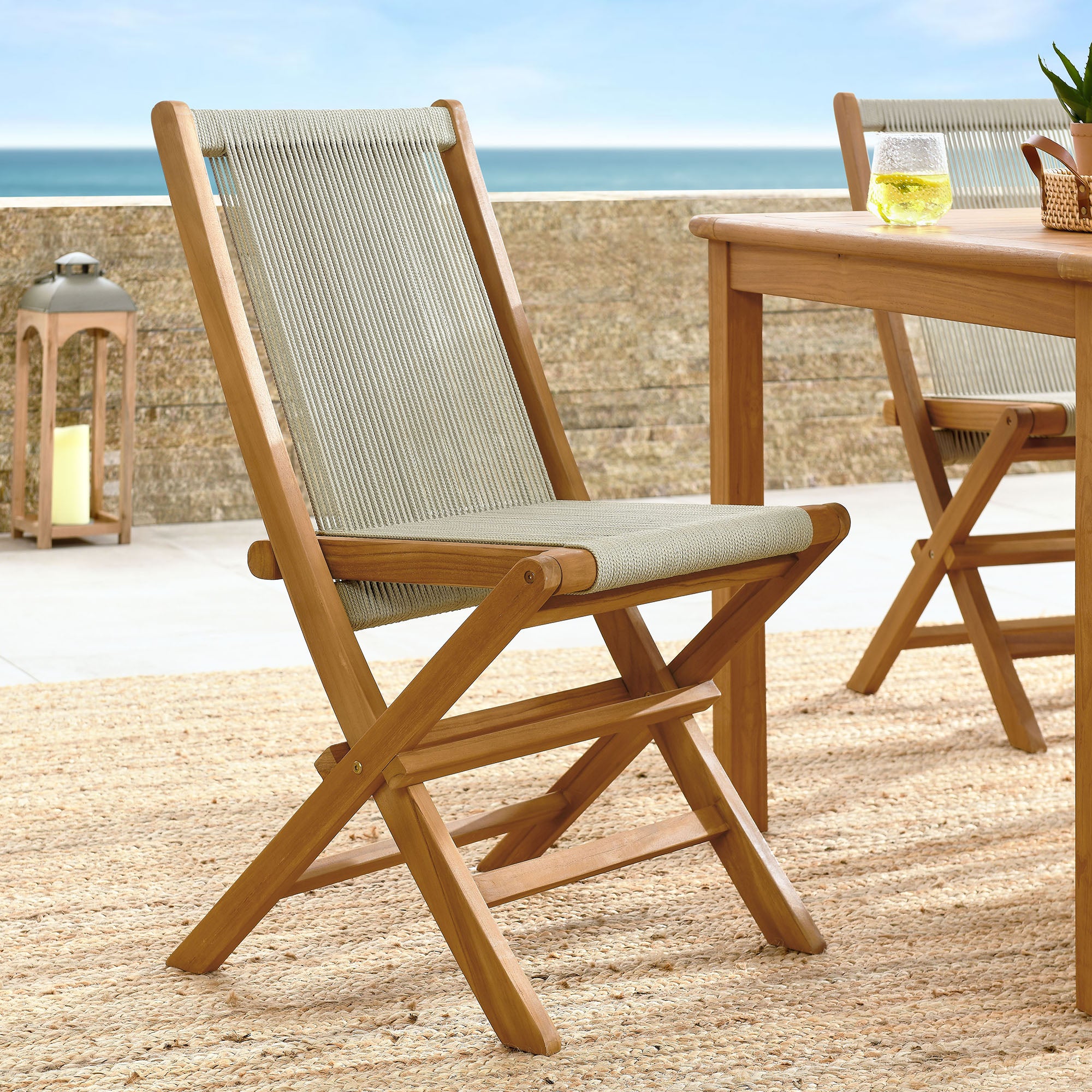 Modway Vienna Outdoor Patio Teak and Rope Folding Chairs Set of 4