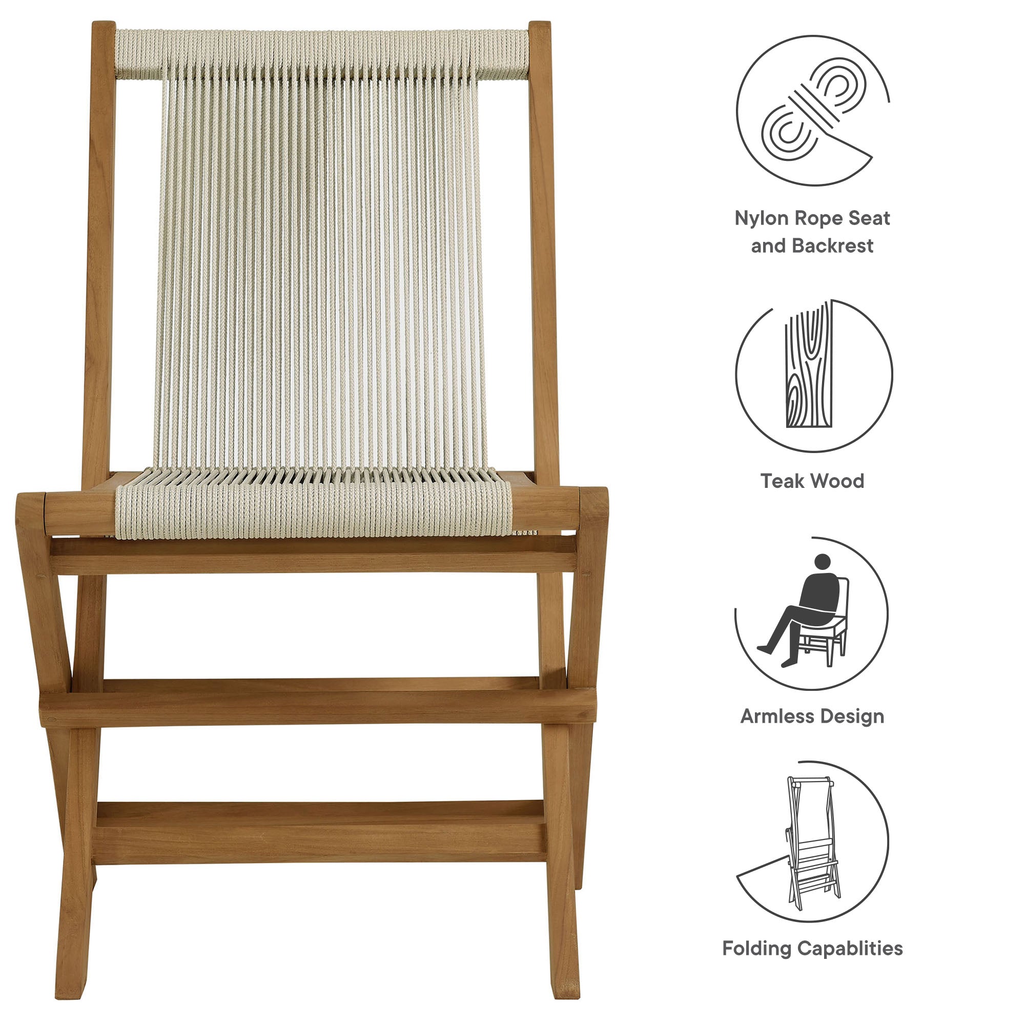Modway Vienna Outdoor Patio Teak and Rope Folding Chairs Set of 4