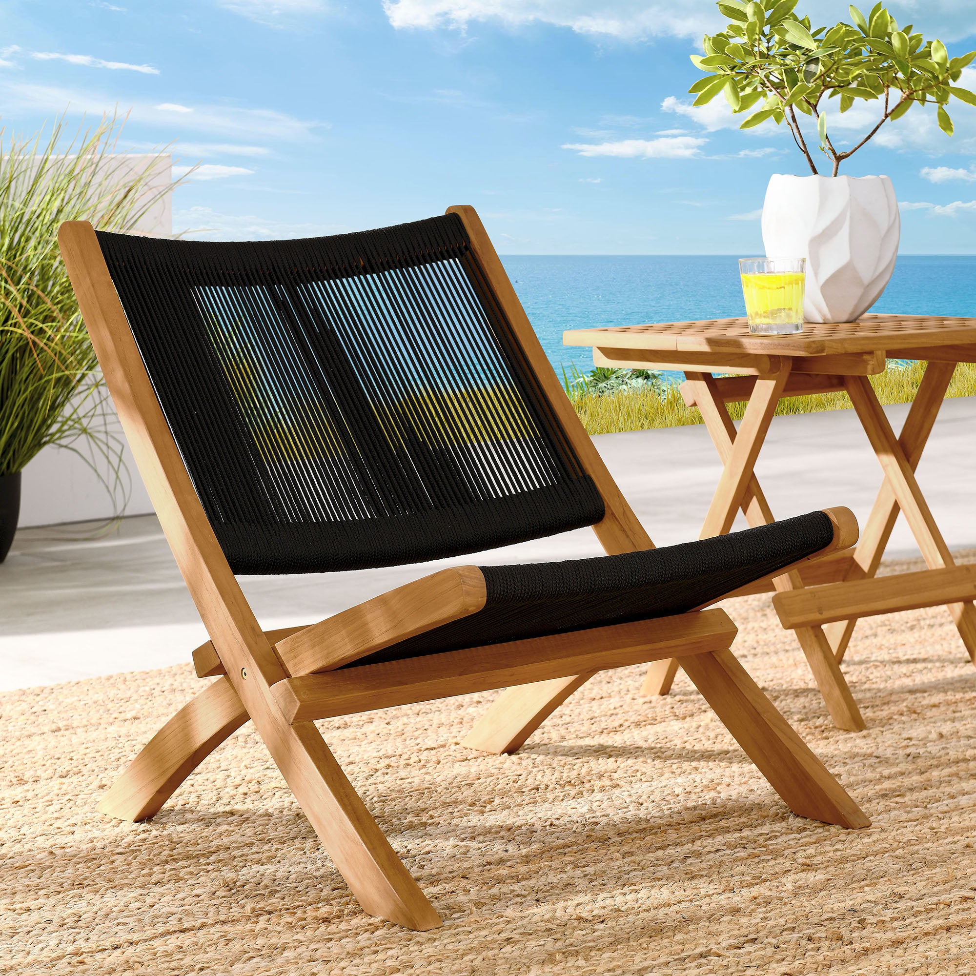 Modway Vienna Outdoor Patio Teak and Rope Folding Accent Lounge Chair