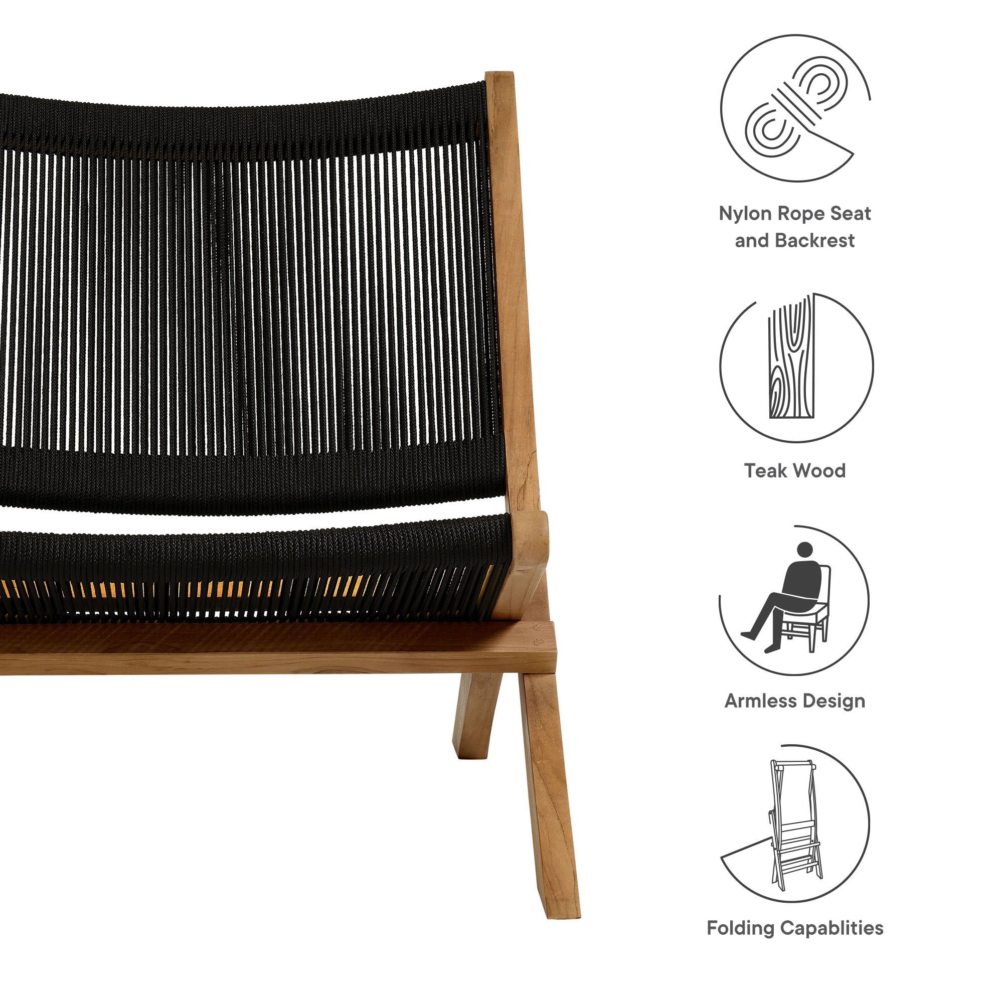 Modway Vienna Outdoor Patio Teak and Rope Folding Accent Lounge Chair