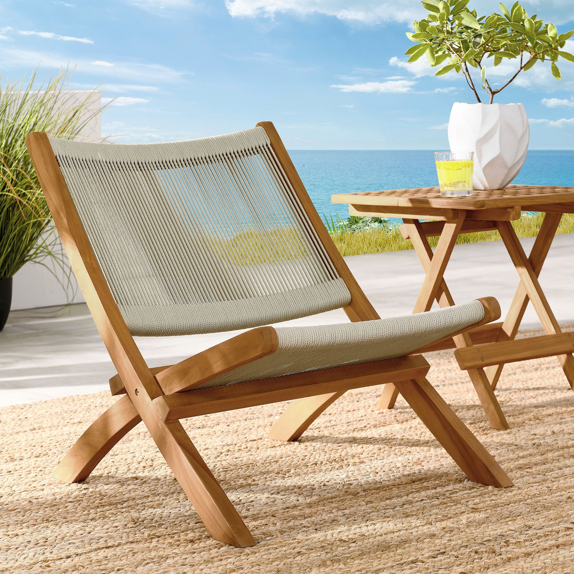 Modway Vienna Outdoor Patio Teak and Rope Folding Accent Lounge Chair