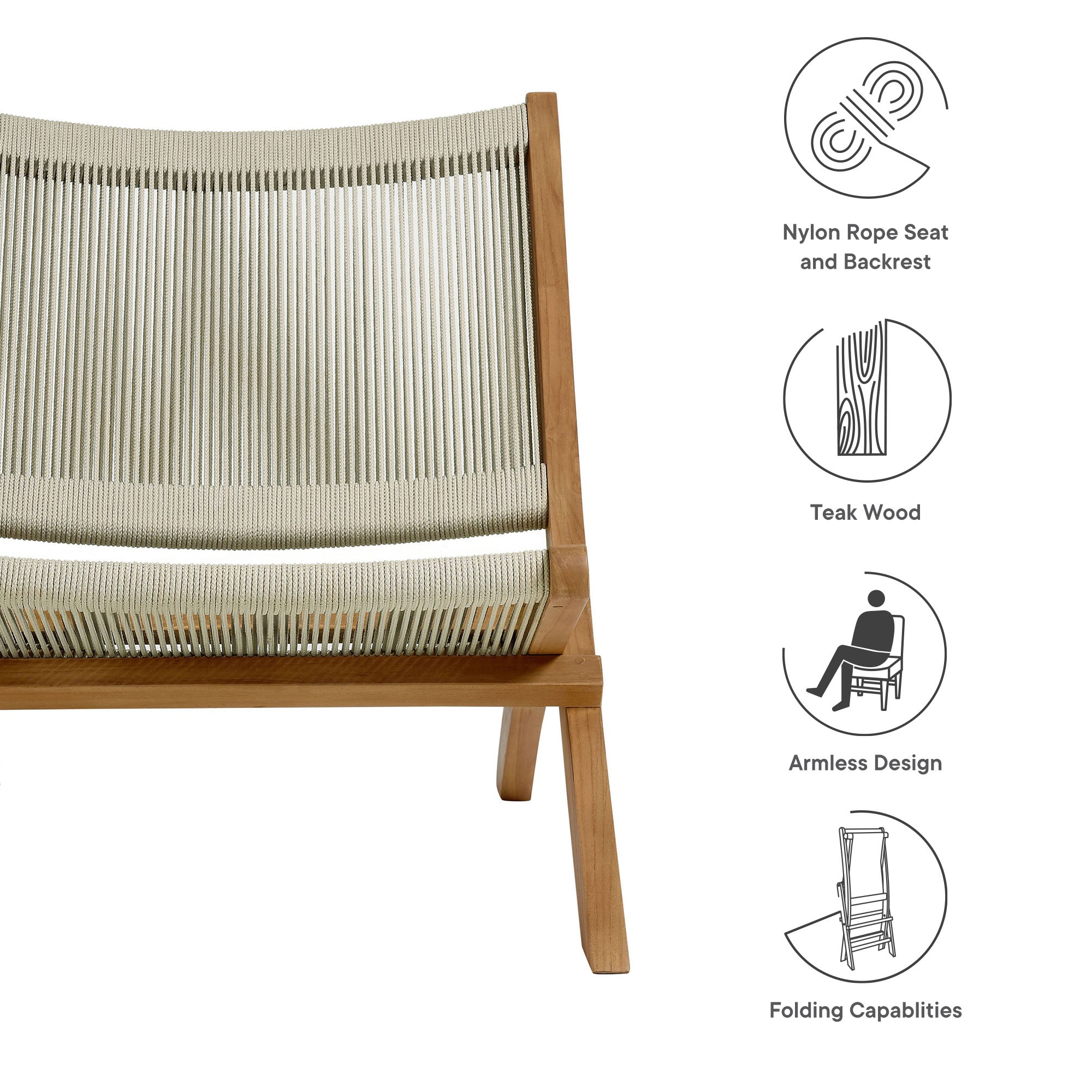 Modway Vienna Outdoor Patio Teak and Rope Folding Accent Lounge Chair