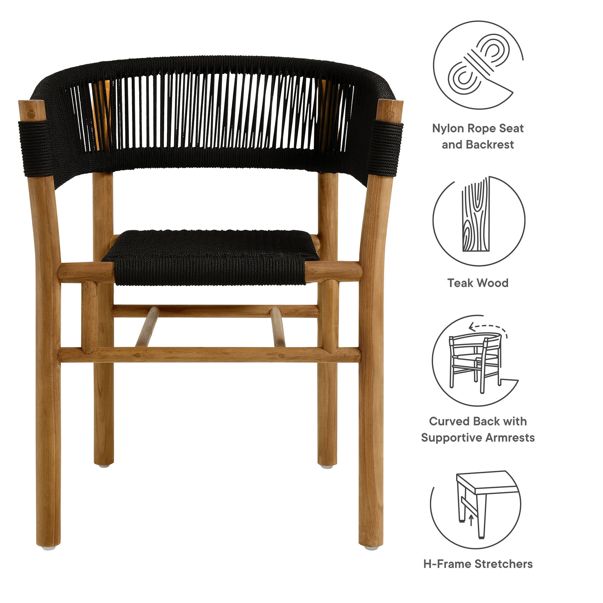 Modway Vienna Outdoor Patio Teak and Rope Curved-Back Dining Armchairs Set of 2