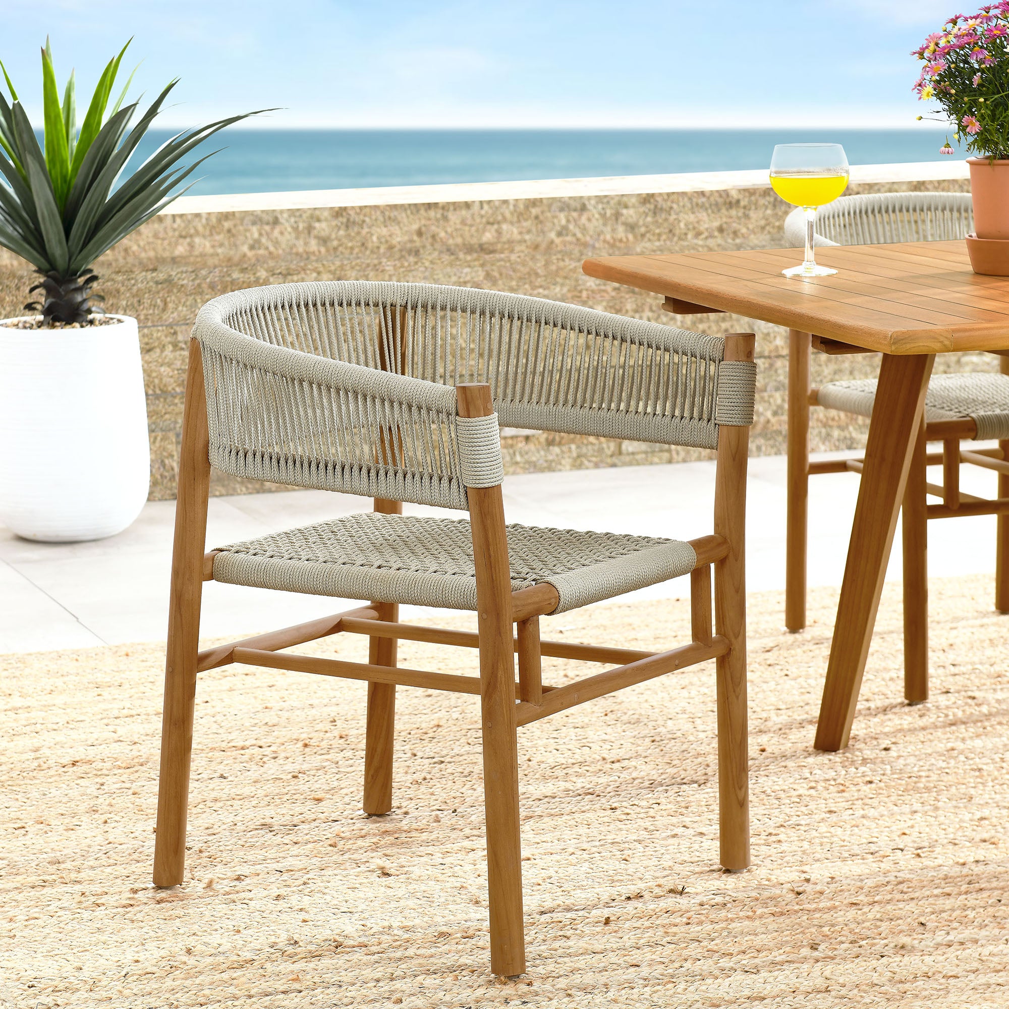 Modway Vienna Outdoor Patio Teak and Rope Curved-Back Dining Armchairs Set of 2