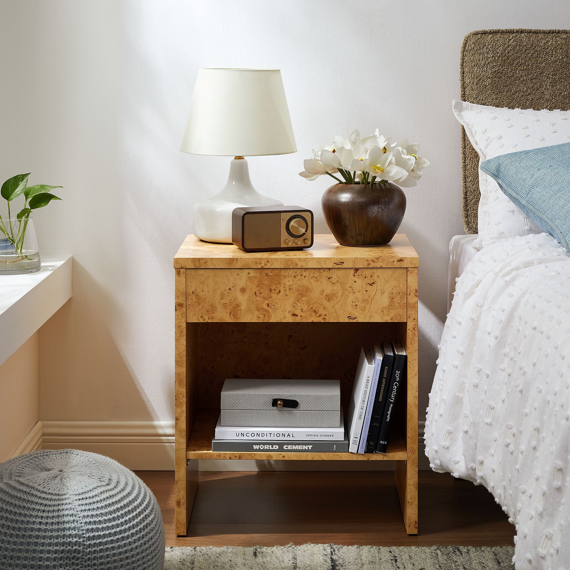 Modway Hudson 1-Drawer Burl Wood Nightstand With Shelf