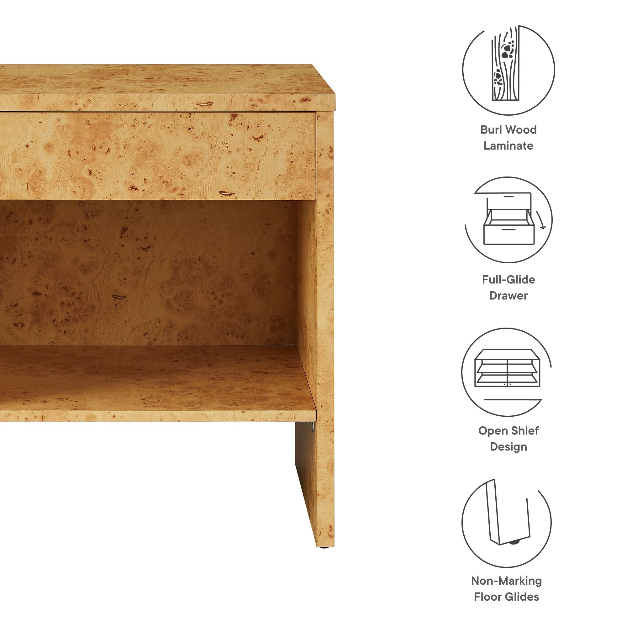 Modway Hudson 1-Drawer Burl Wood Nightstand With Shelf
