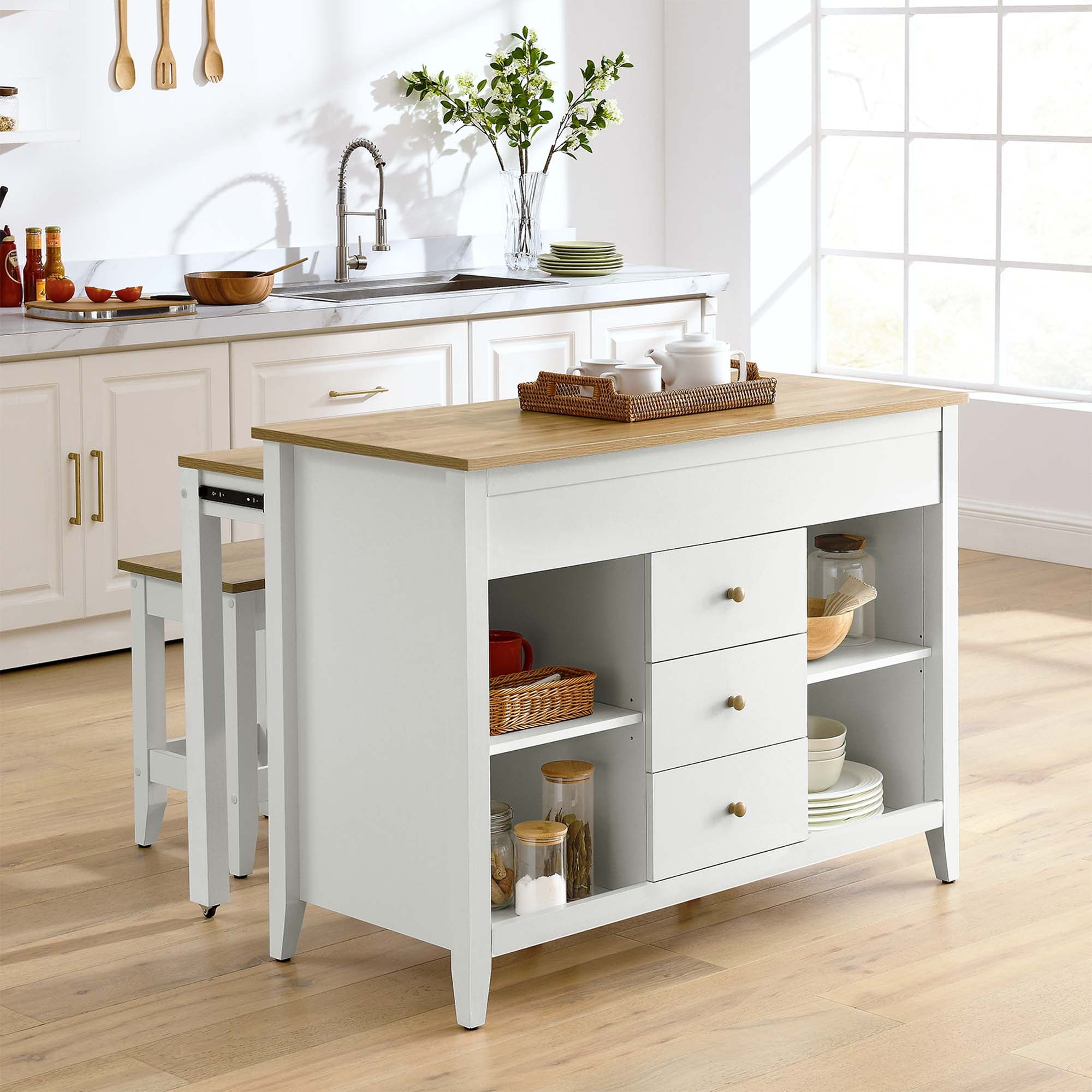 Modway Farmstead 3-Piece Kitchen Island and Stool Set