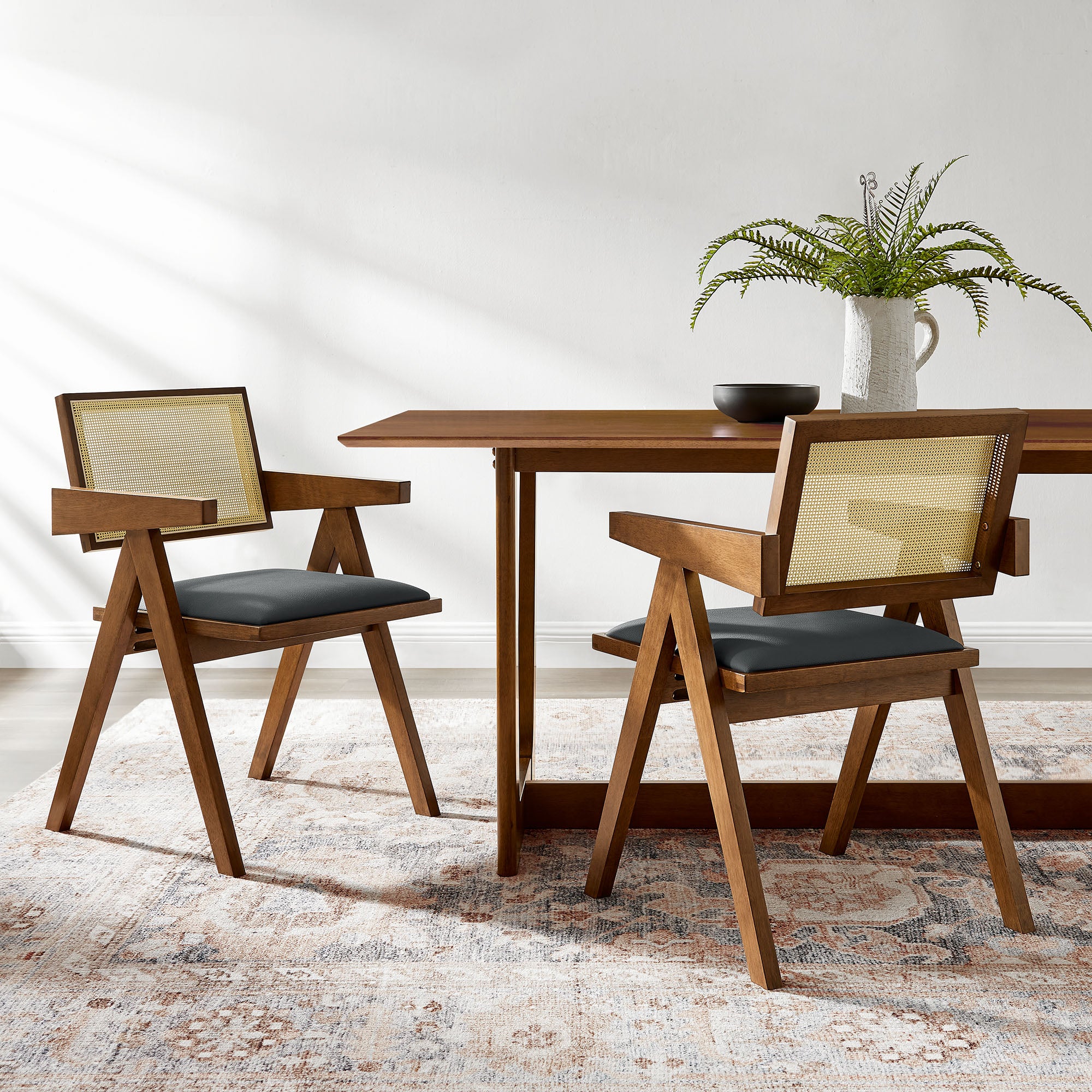 Modway Thera Vegan Leather Cane Dining Armchairs Set of 2