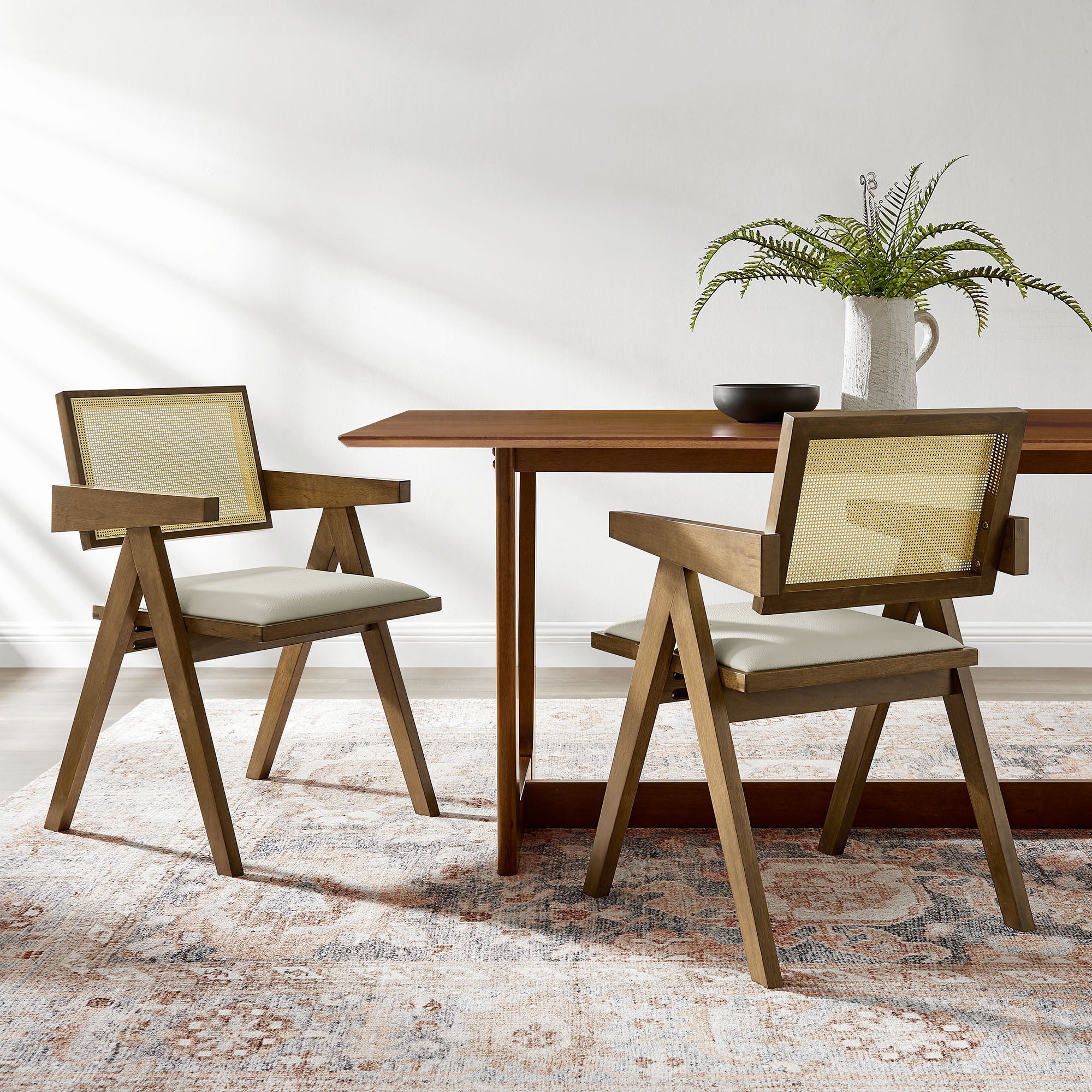 Modway Thera Vegan Leather Cane Dining Armchairs Set of 2