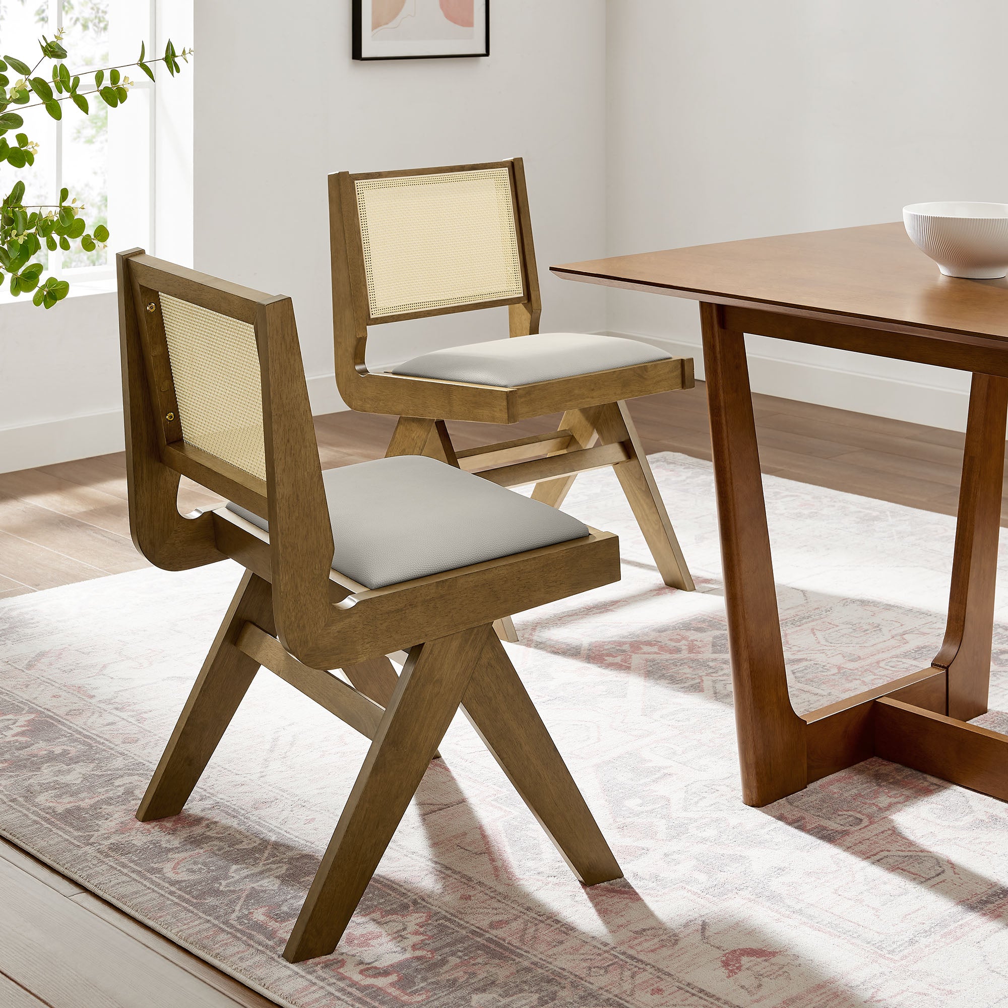 Modway Thera Vegan Leather and Cane Dining Side Chairs Set of 2