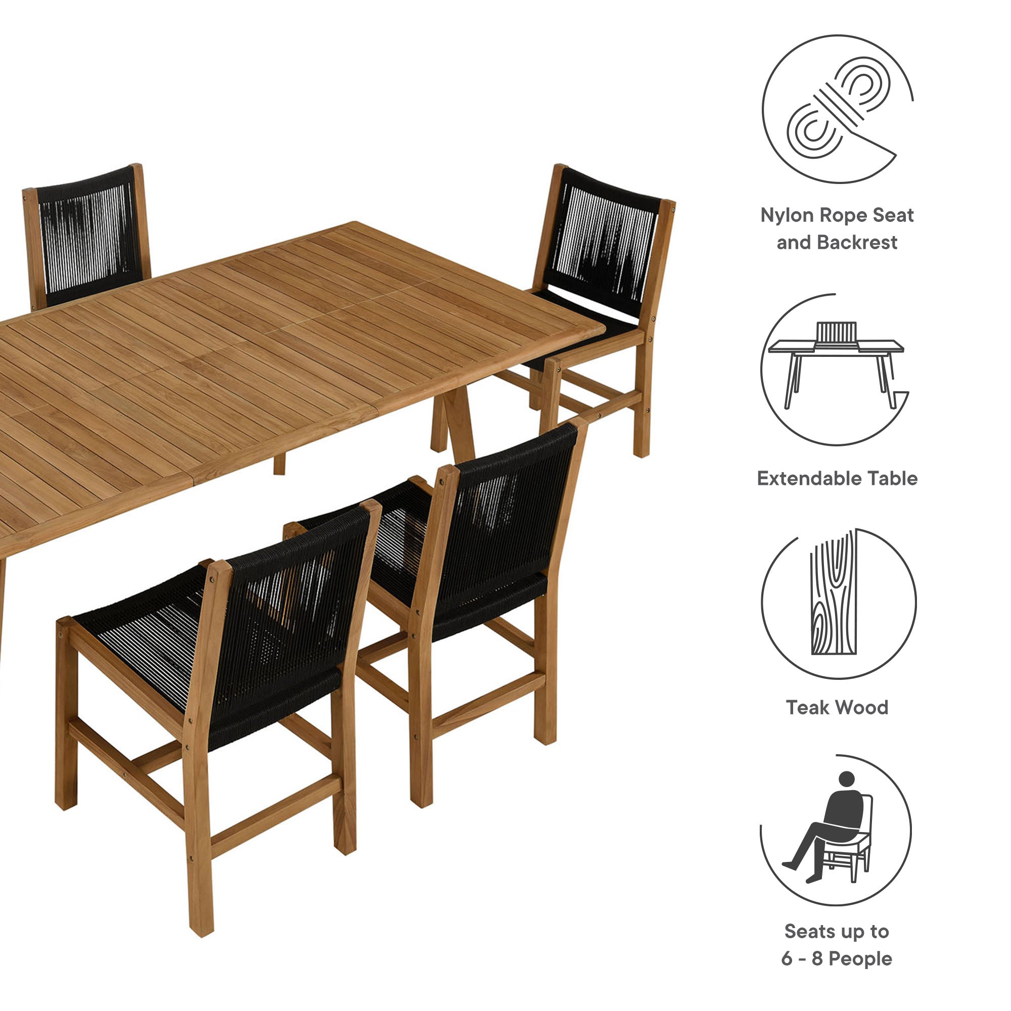 Modway Vienna 7-Piece Outdoor Patio Teak and Rope Dining Set with Armless Chairs