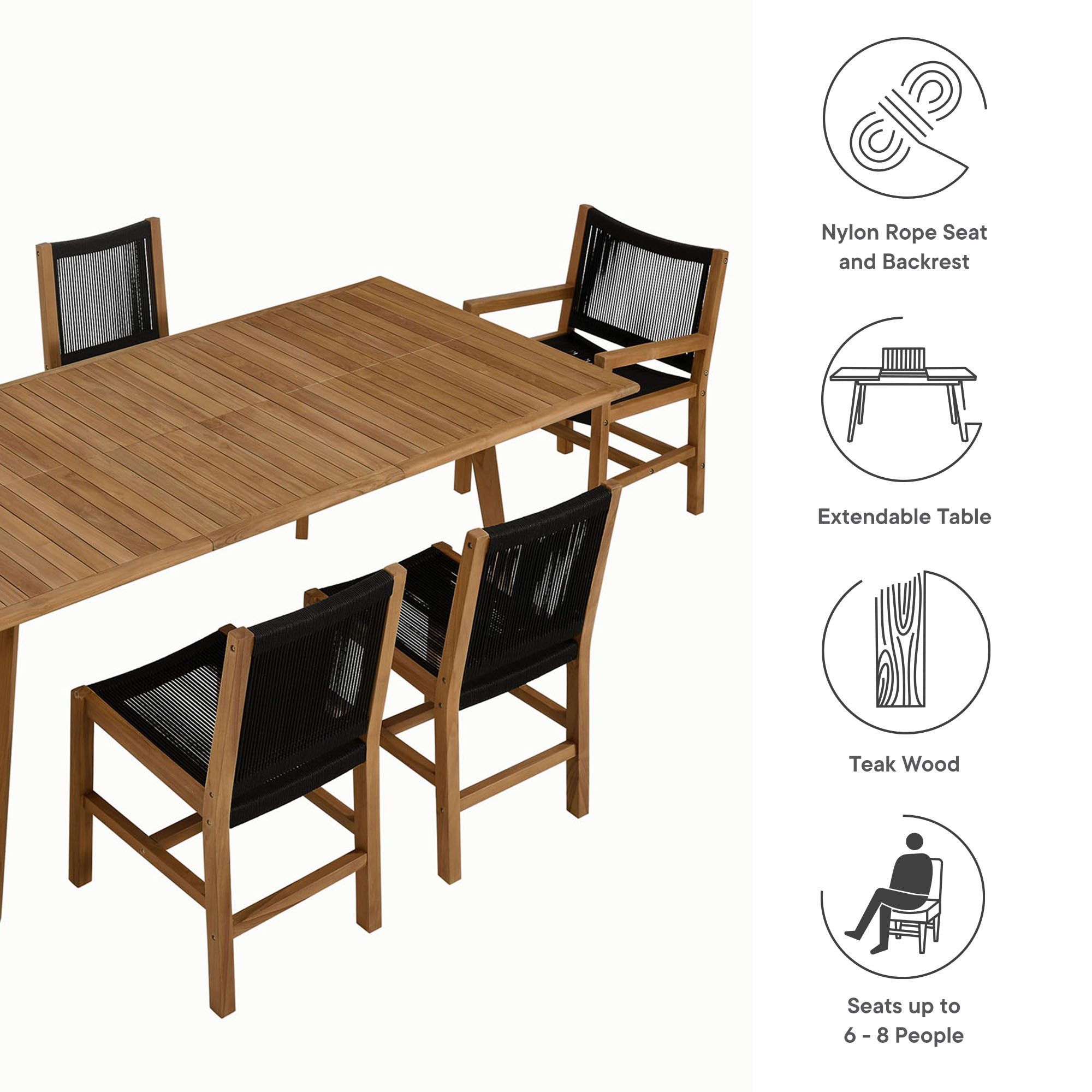 Modway Vienna 7-Piece Outdoor Patio Teak and Rope Dining Set