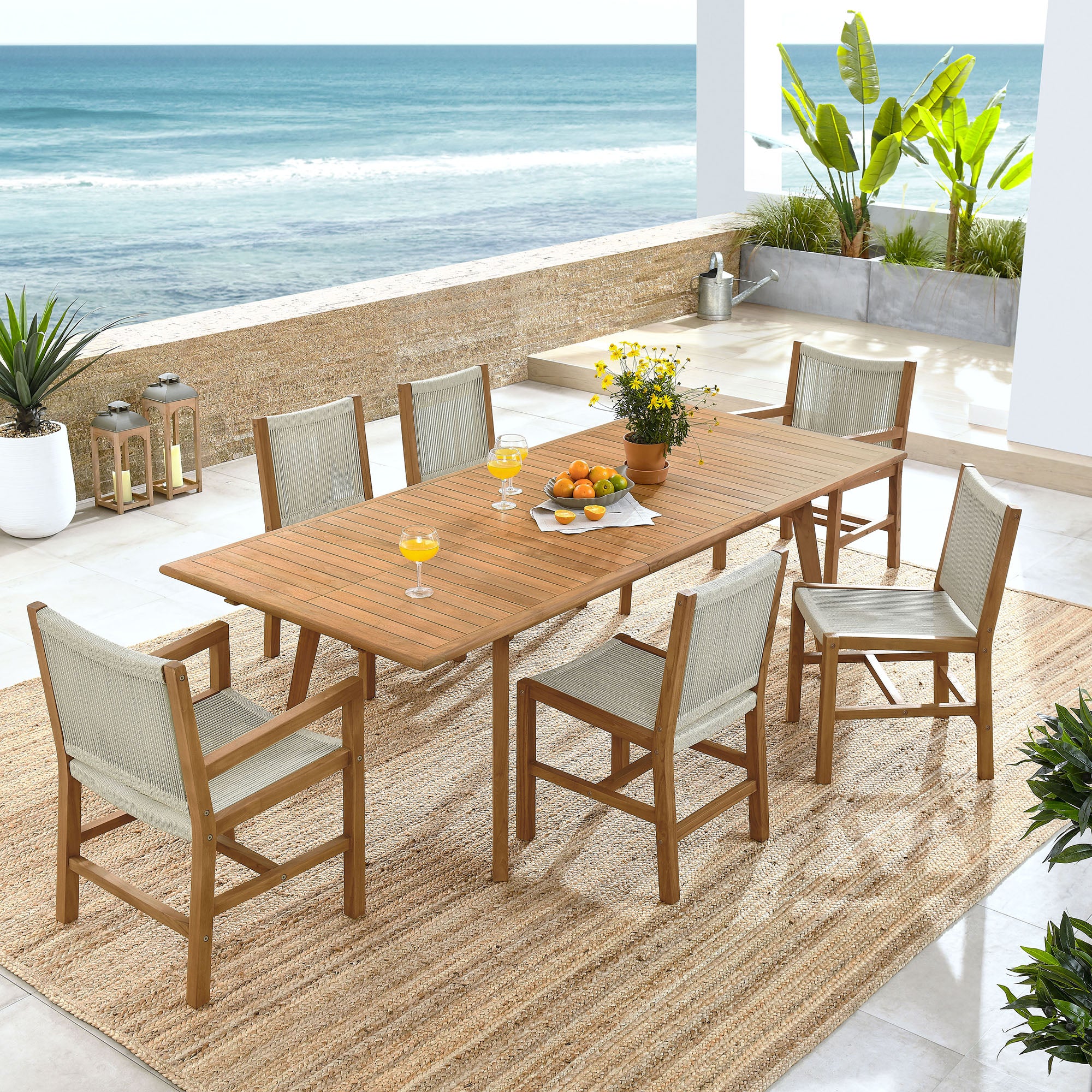 Modway Vienna 7-Piece Outdoor Patio Teak and Rope Dining Set