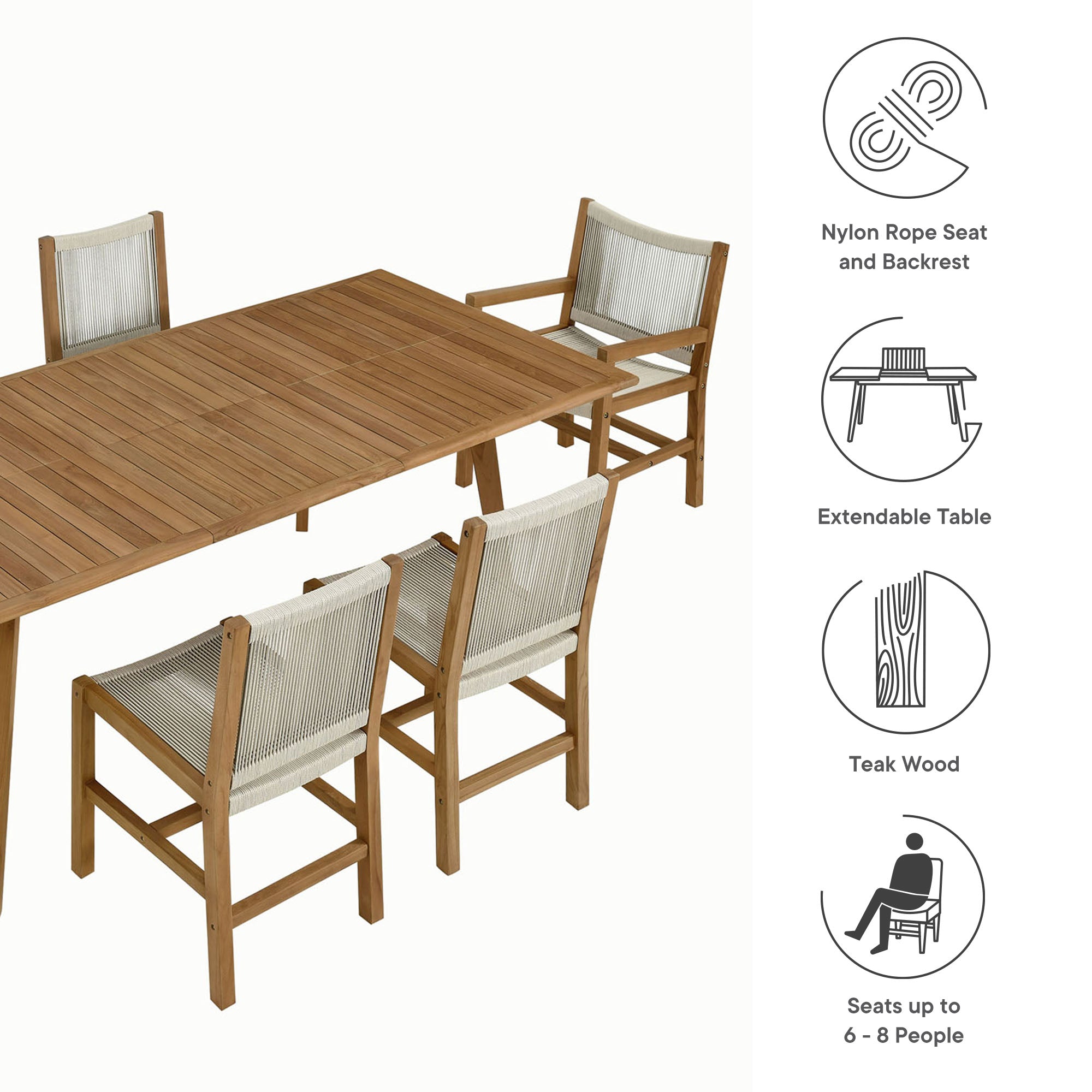 Modway Vienna 7-Piece Outdoor Patio Teak and Rope Dining Set