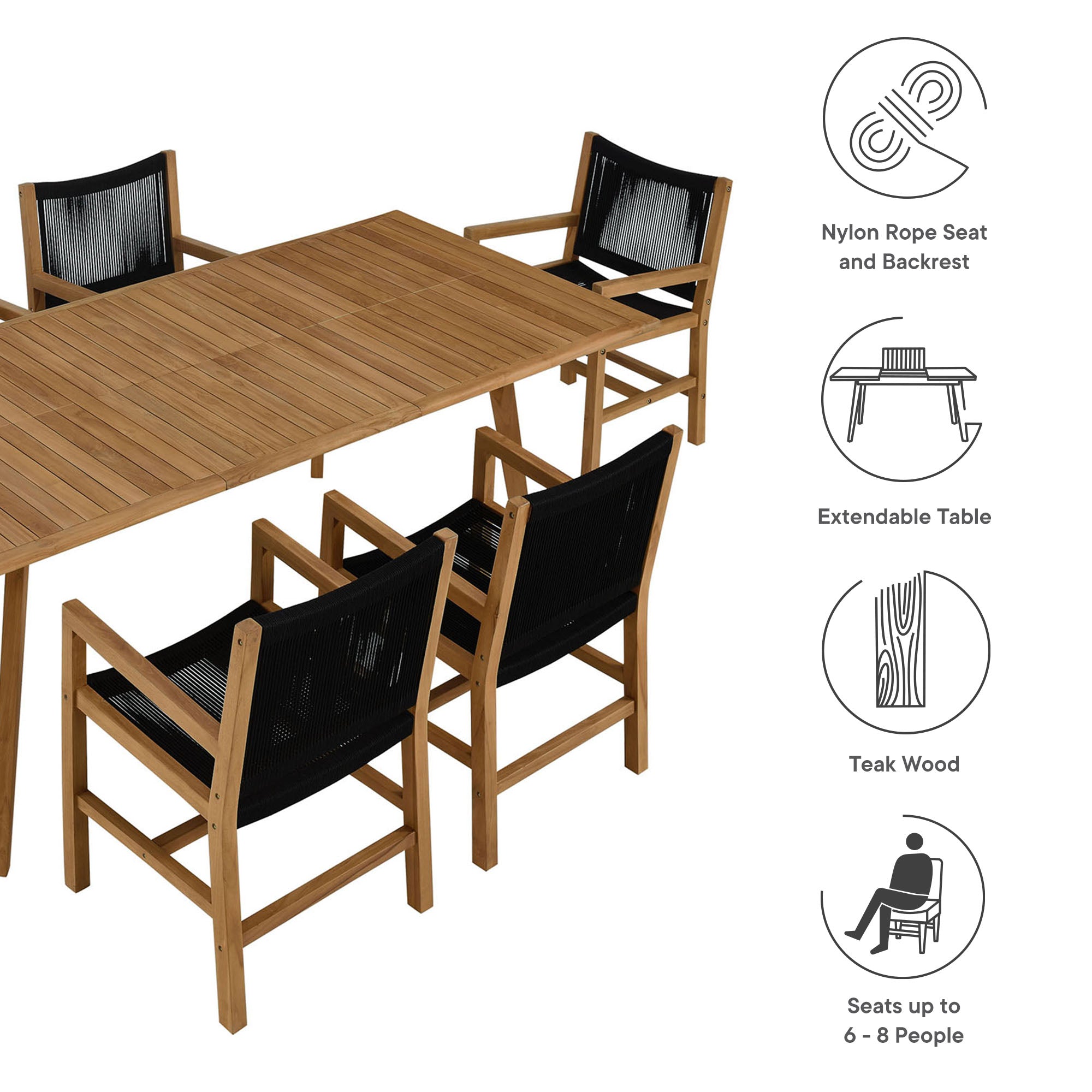 Modway Vienna 7-Piece Outdoor Patio Teak and Rope Dining Set with Armchairs