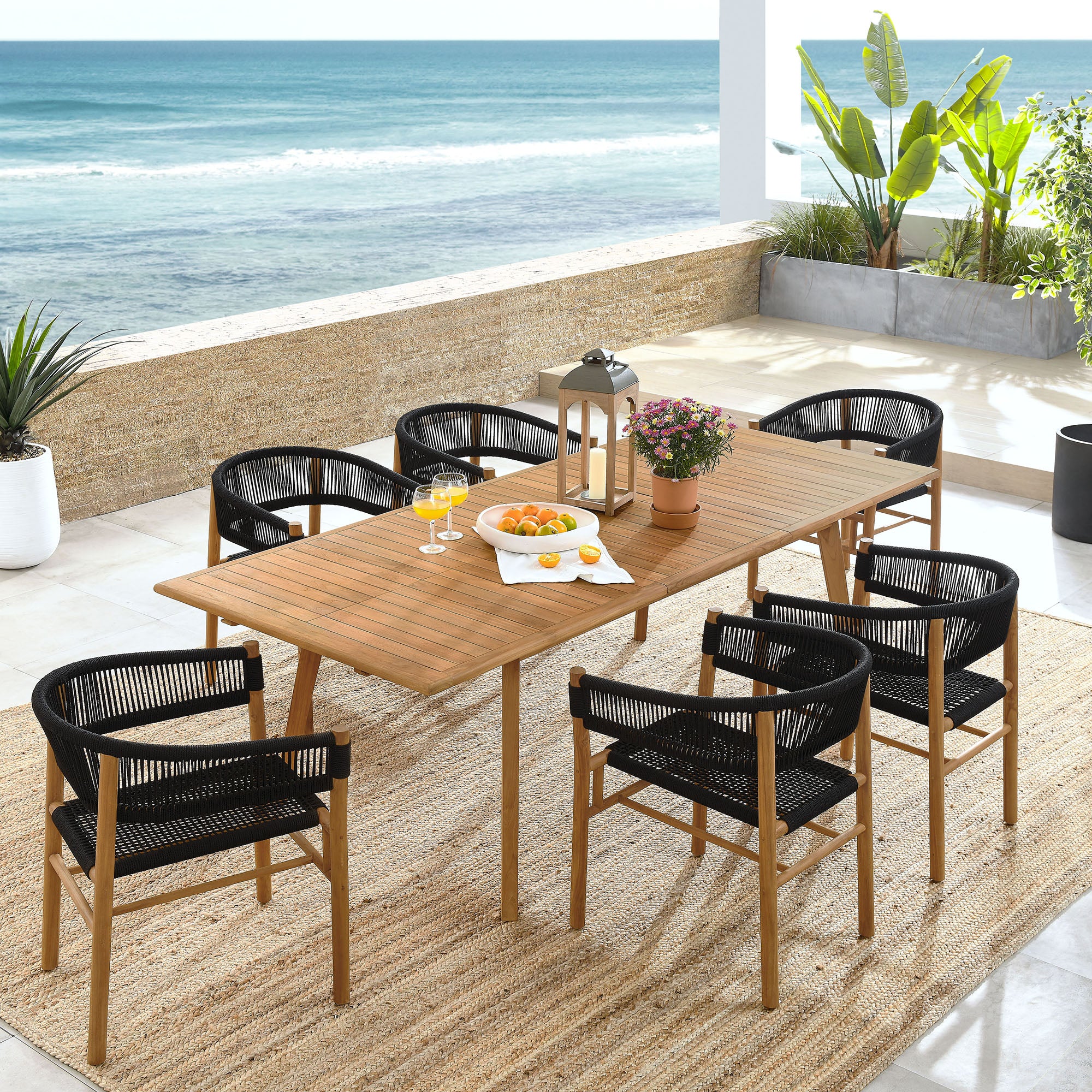 Modway Vienna 7-Piece Outdoor Patio Teak and Rope Dining Set with Curved-Back Armchairs