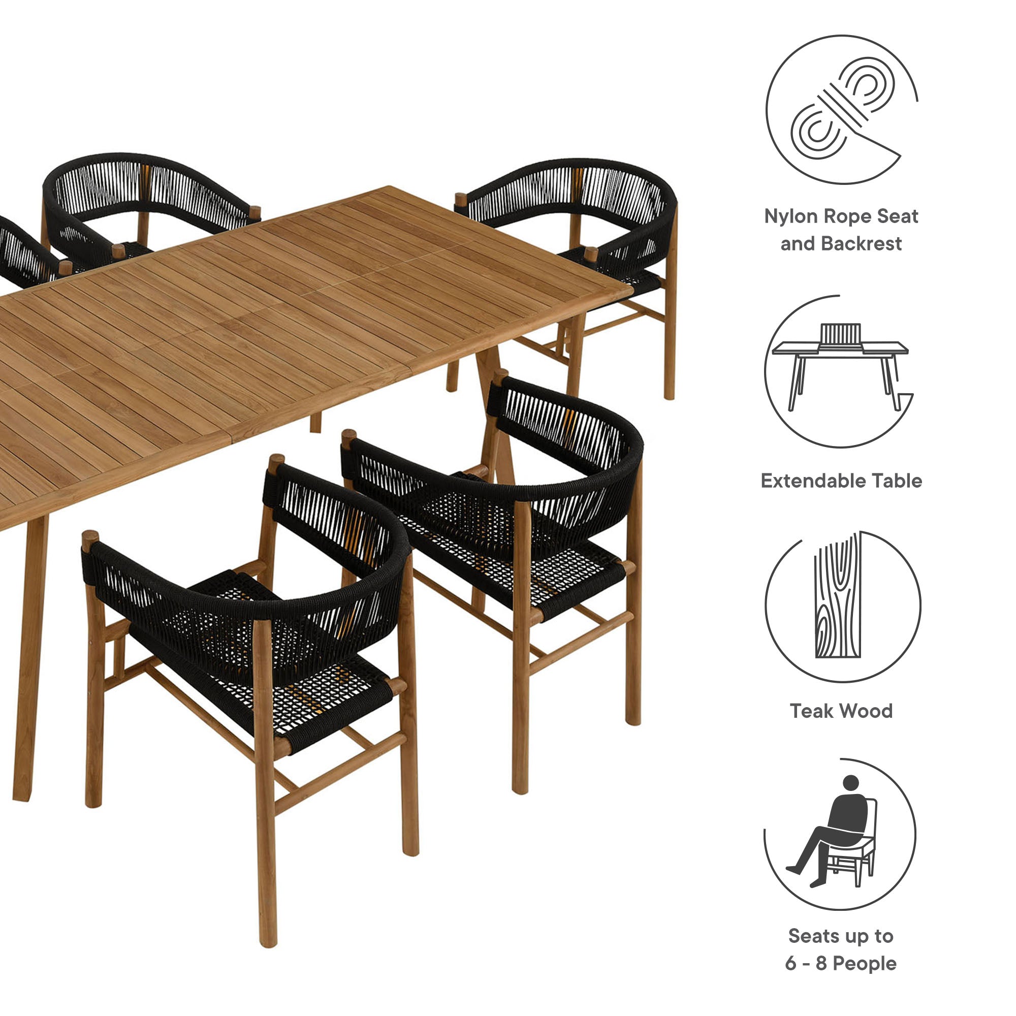 Modway Vienna 7-Piece Outdoor Patio Teak and Rope Dining Set with Curved-Back Armchairs
