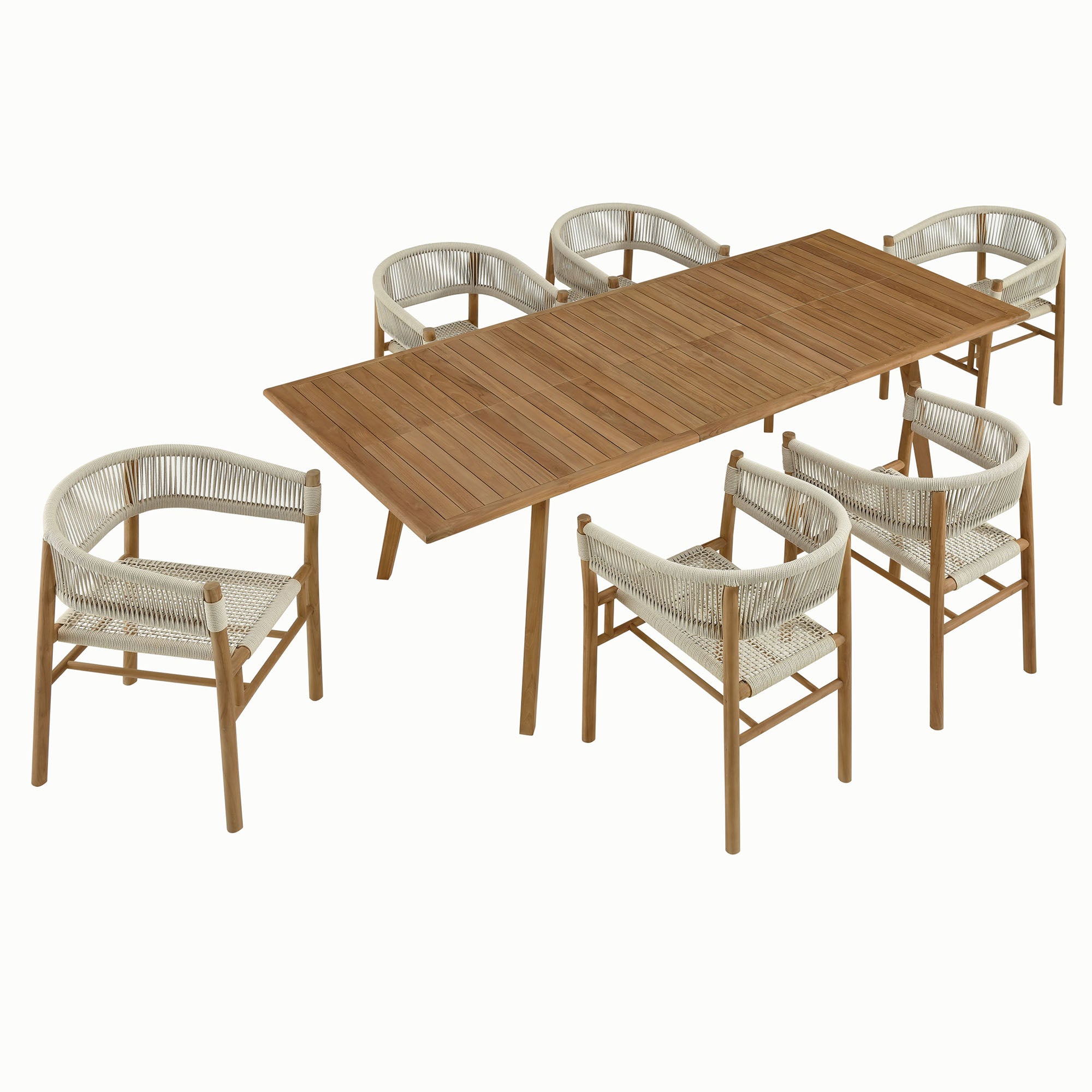 Modway Vienna 7-Piece Outdoor Patio Teak and Rope Dining Set with Curved-Back Armchairs