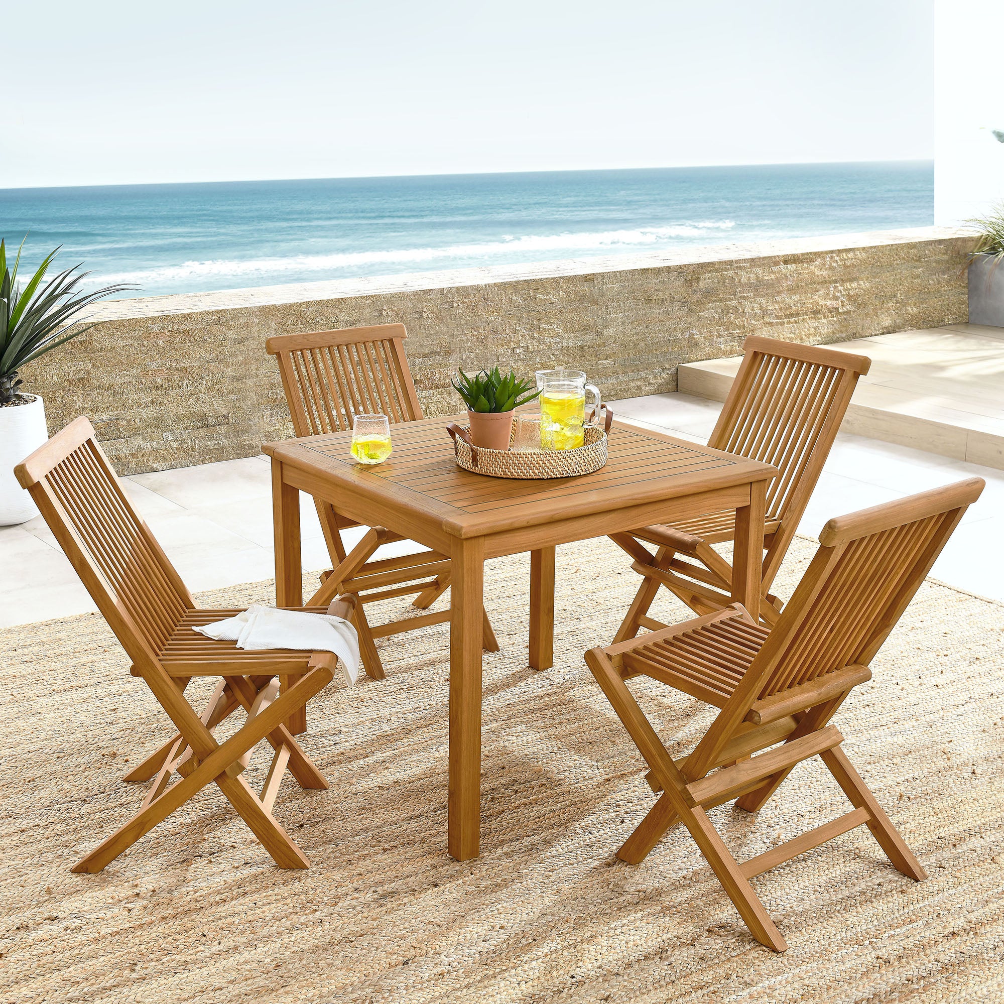 Modway Vienna 5-Piece Outdoor Patio Teak Wood Dining Set with Folding Chairs